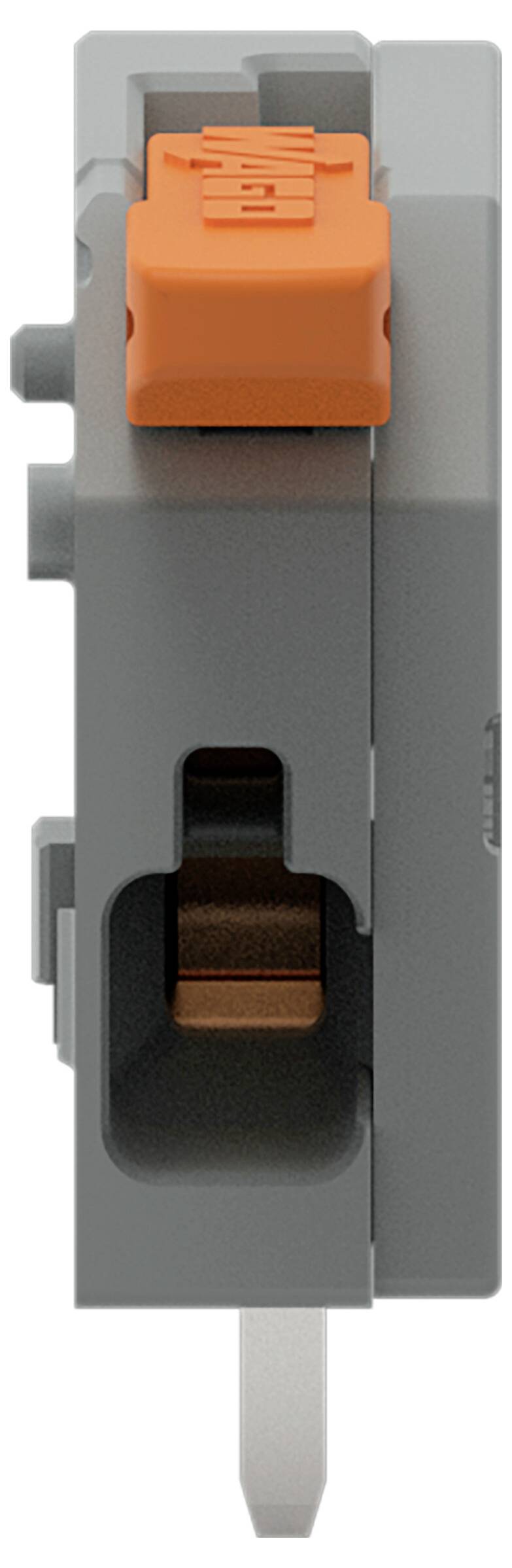 Eine Nahaufnahme eines grau und orange gefärbten Klemmleistenblocks mit Kupferkontaktpunkt, entwickelt für sichere Drahtverbindungen.