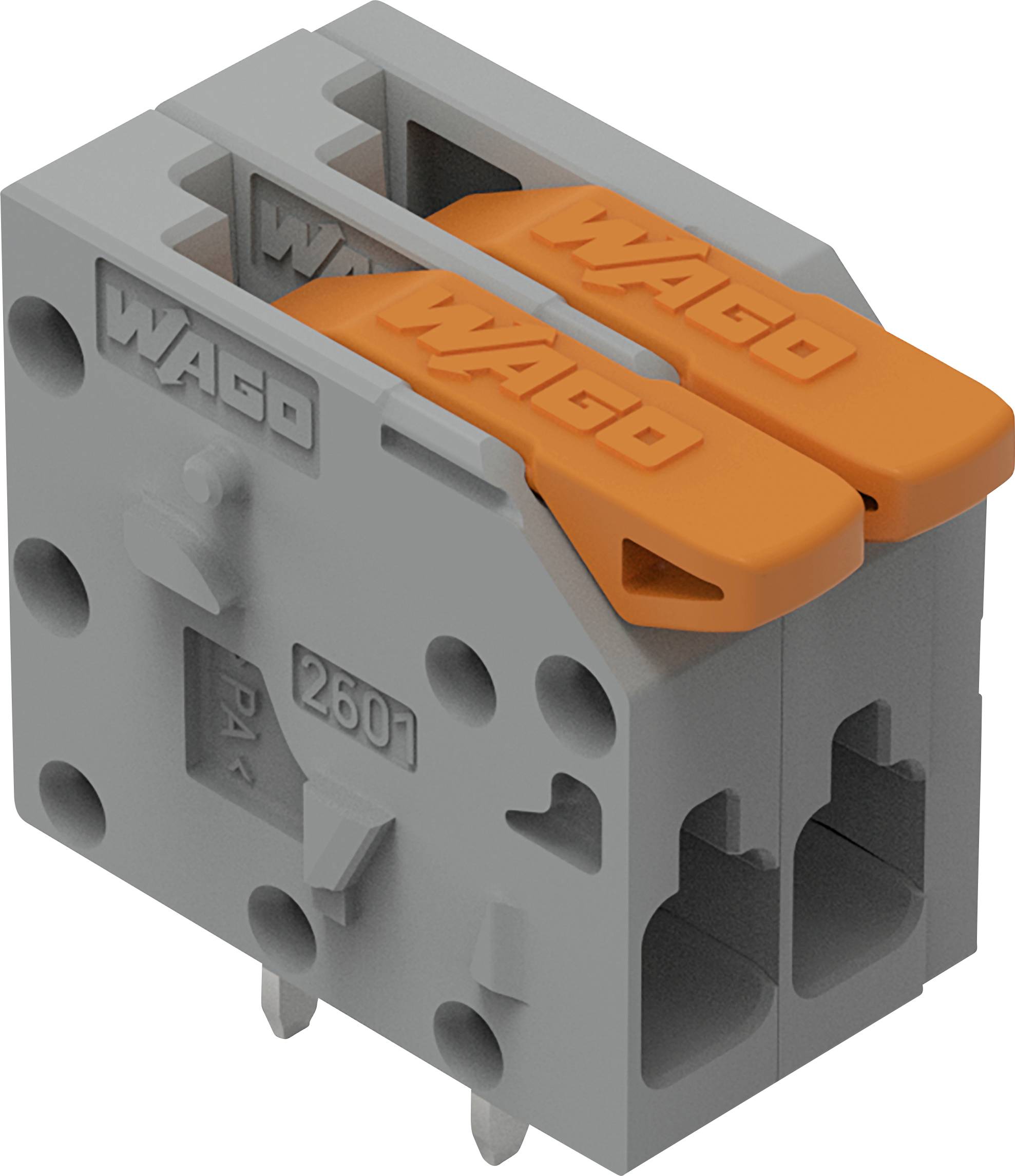 Ein grauer und oranger WAGO-Elektroklemmenblock mit zwei Hebeln oben für sichere Drahtverbindungen.
