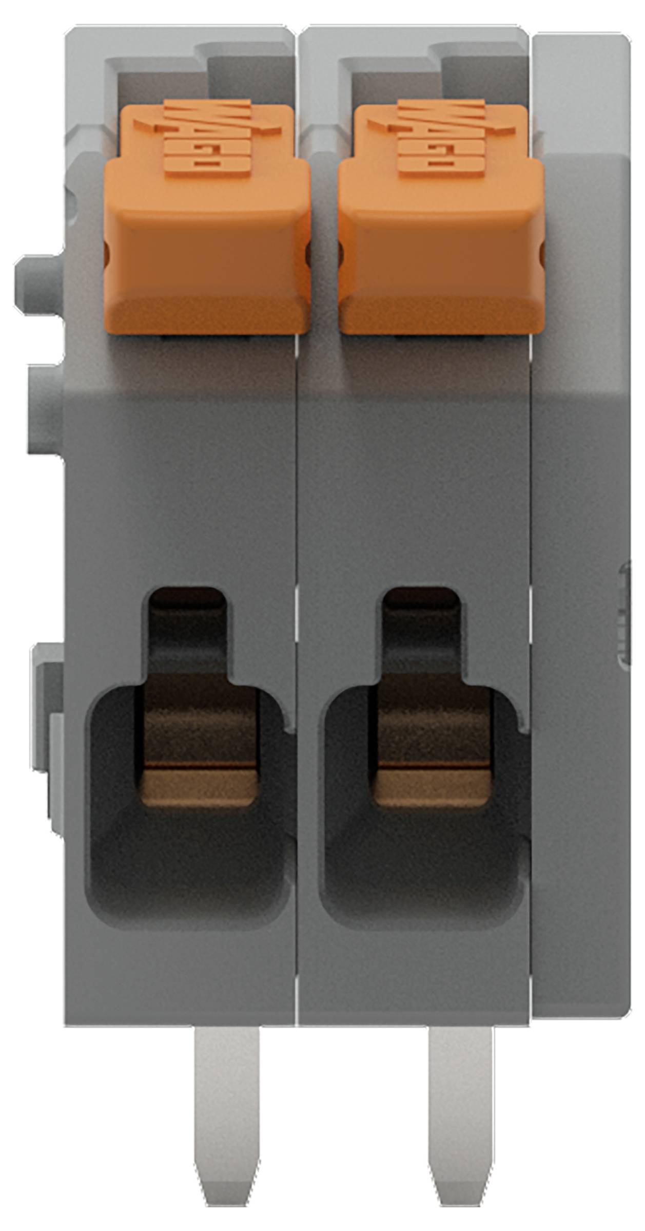 Ein Nahaufnahmebild eines grauen Elektrosteckers mit zwei orangefarbenen Hebeln, das zwei offene Schlitze für die Drahteinführung zeigt.