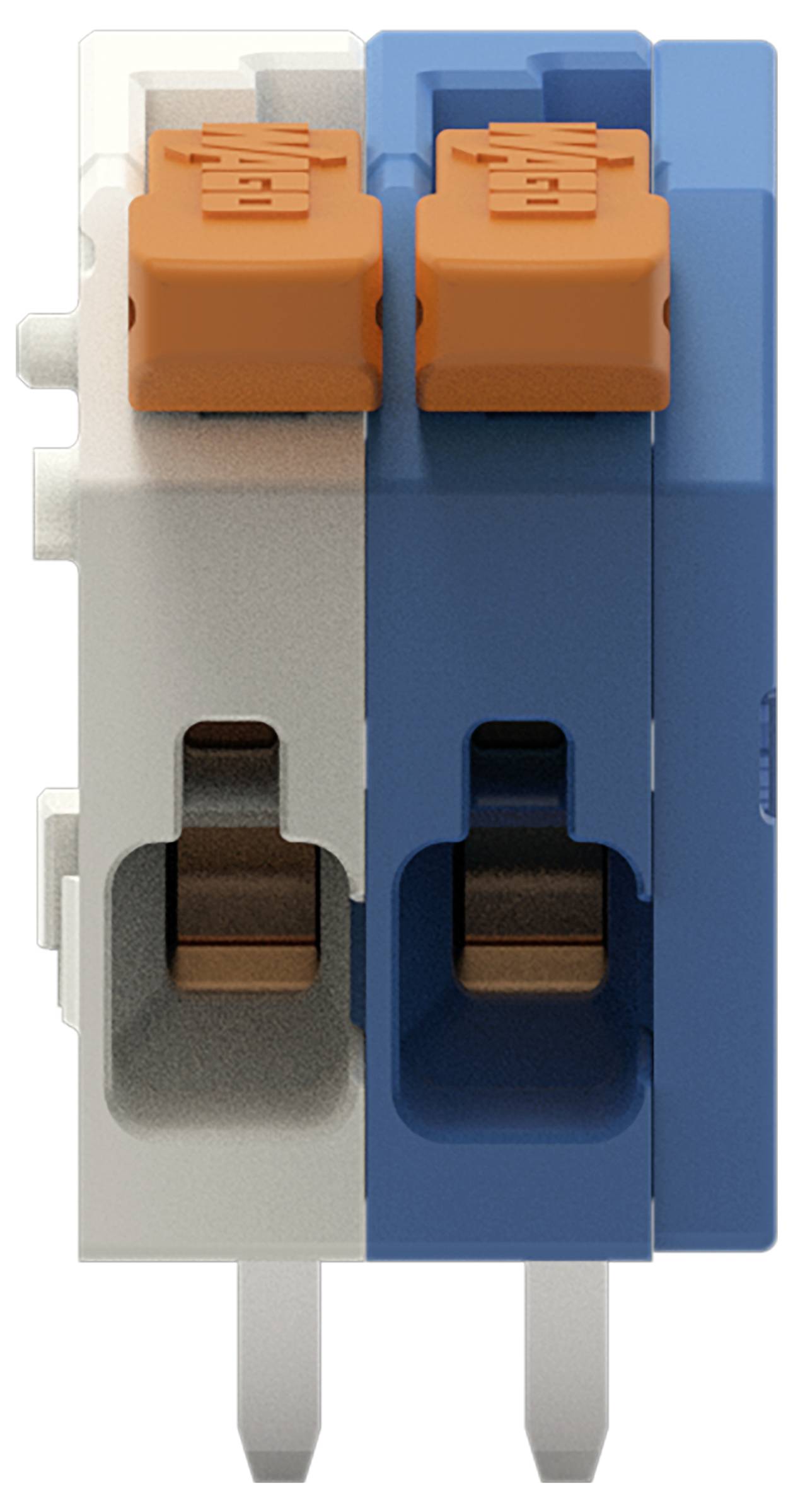 Eine Nahaufnahme eines doppelten Elektrosteckers mit einem weißen und einem blauen Modul mit orangefarbenen Drucktasten oben.