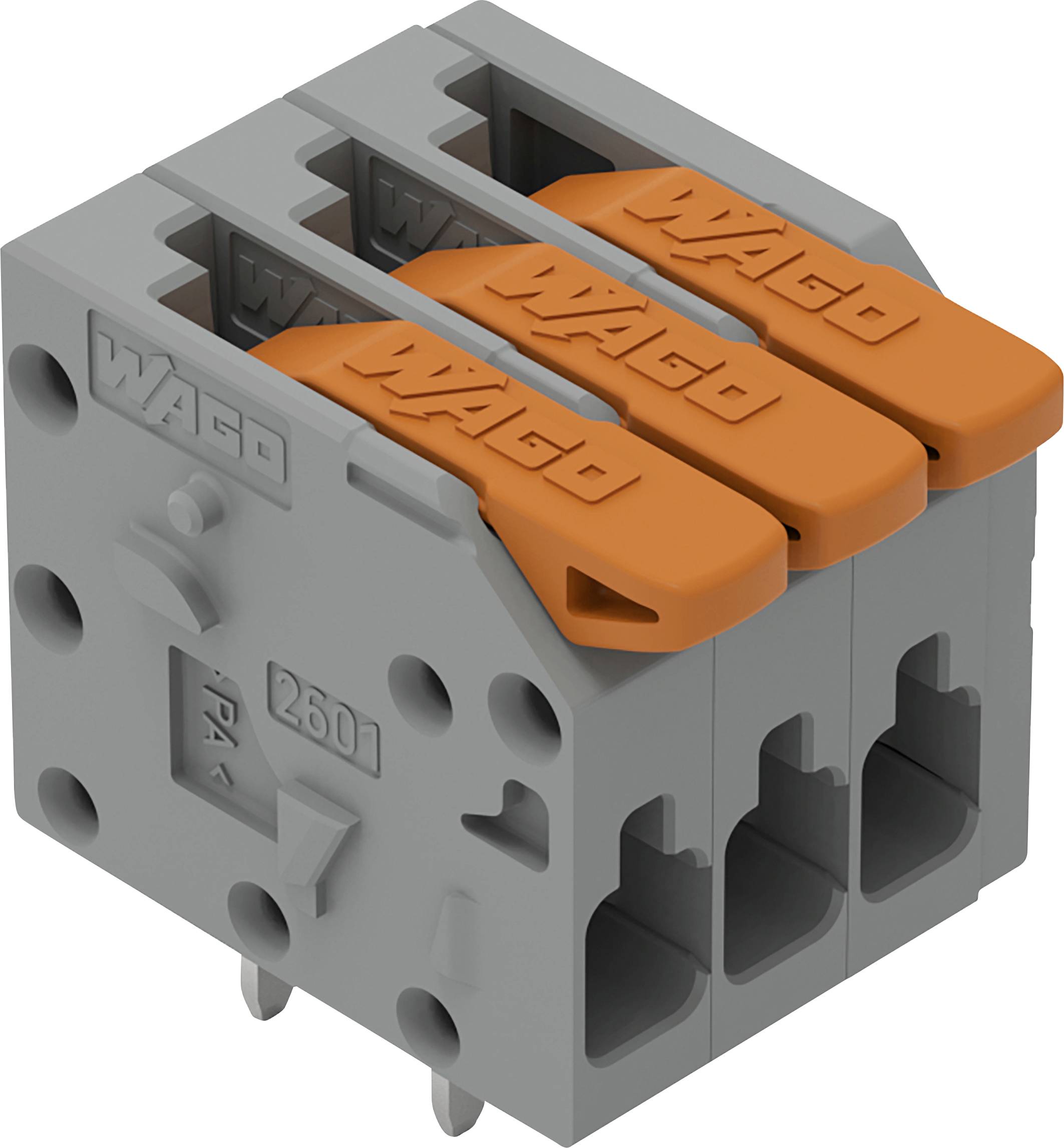 Ein grauer und oranger WAGO-Elektrostecker mit drei Anschlussöffnungen für die Verkabelung, konzipiert für sichere und effiziente Verbindungen in Stromkreisen.