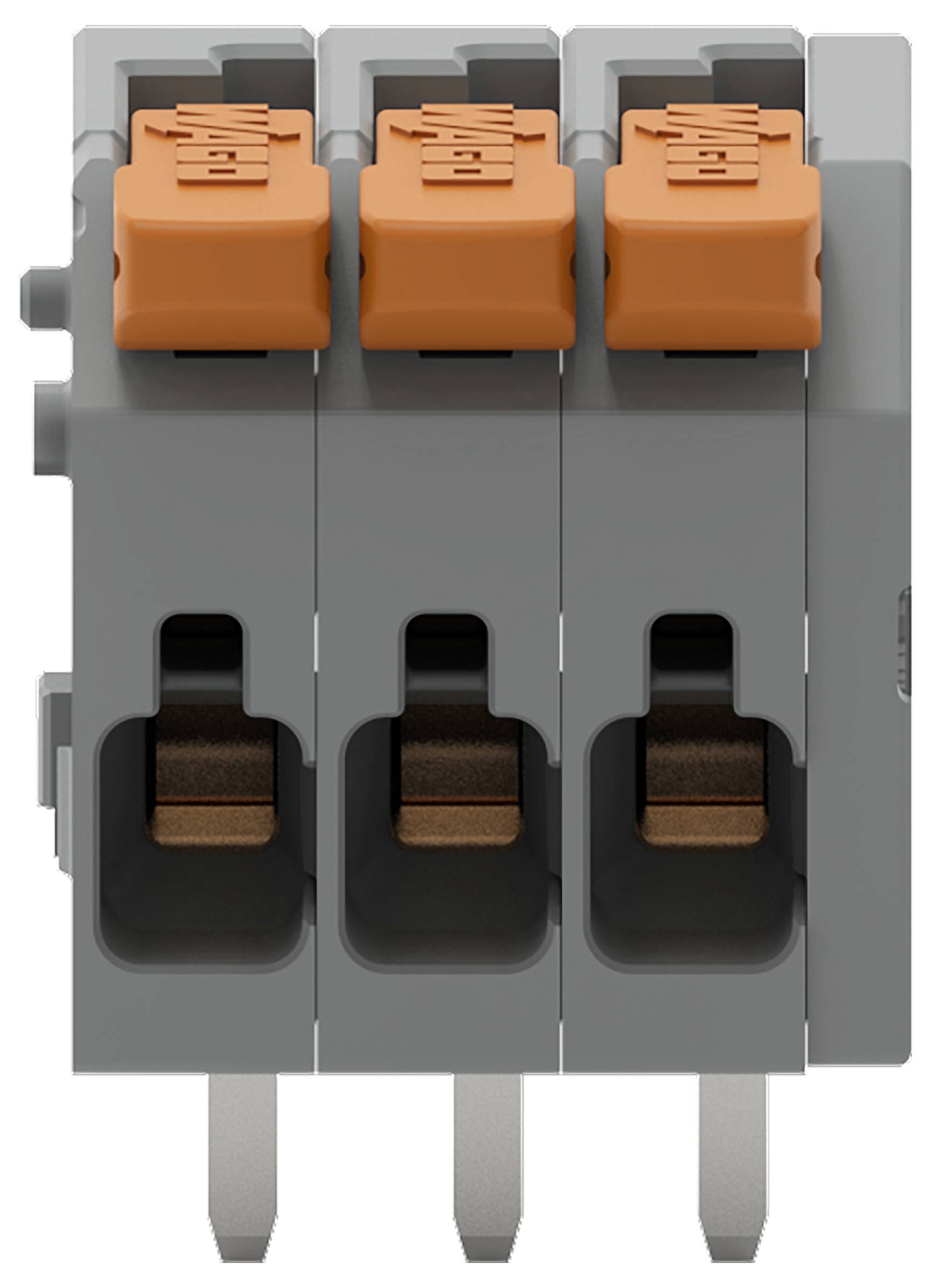 Drei graue Anschlussblöcke mit orangen Hebelaktuatoren, die für elektrische Verbindungen verwendet werden. Jeder Block hat einen sichtbaren Drahtschlitz.