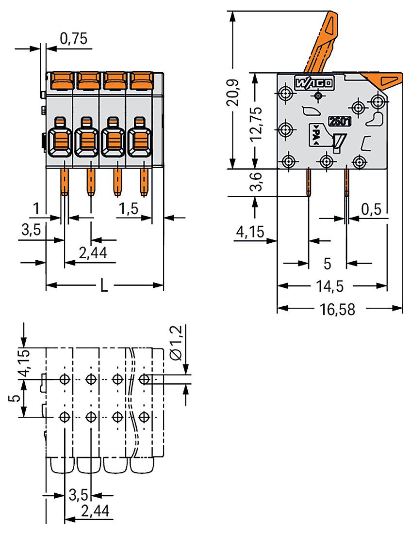 Technisches Diagramm eines elektrischen Steckers mit detaillierten Maßangaben in verschiedenen Abschnitten, einschließlich Länge, Breite, Höhe und Stiftpositionen.