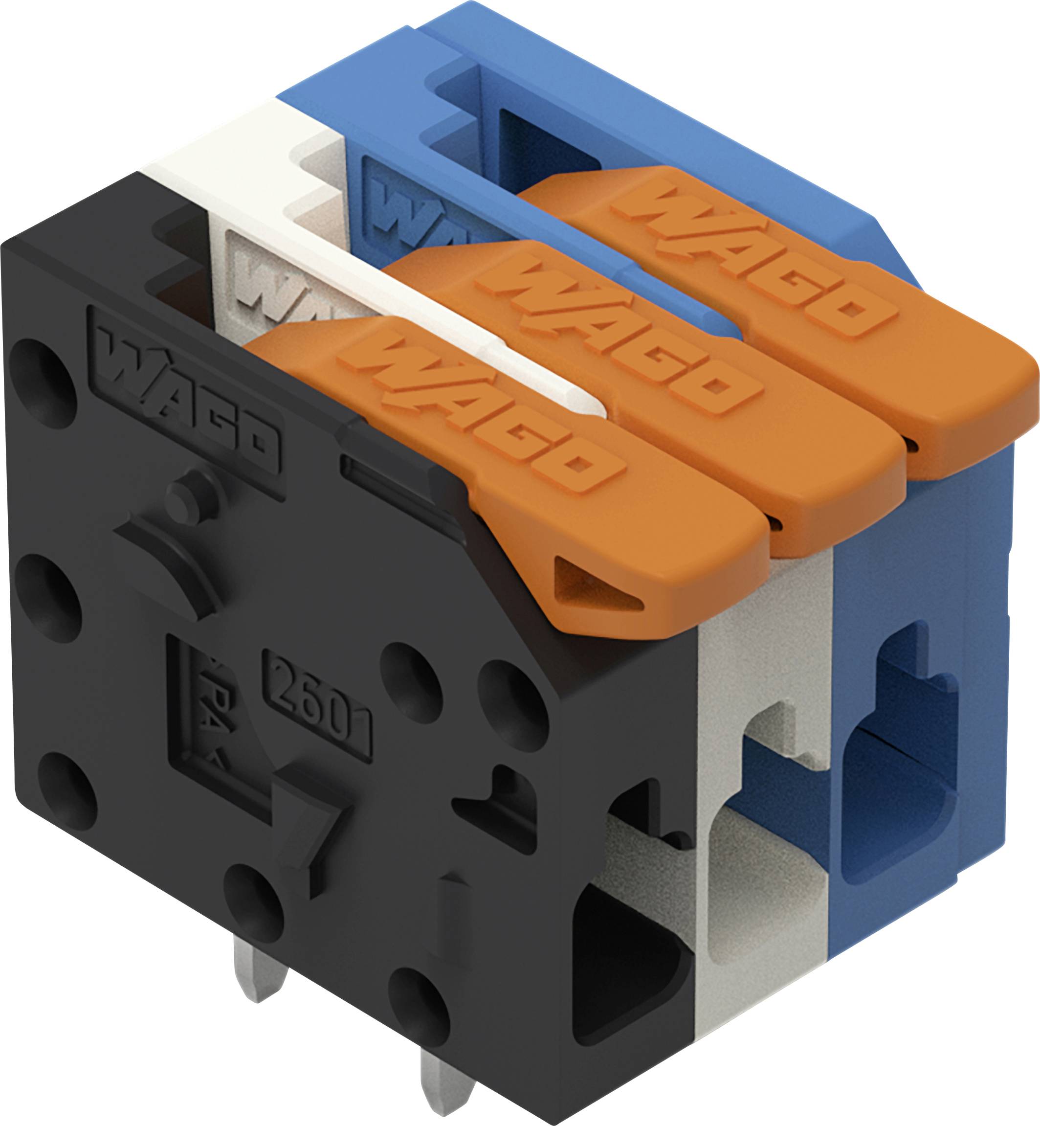 Ein schwarz-blauer Elektrostecker mit drei orangefarbenen Hebeln mit der Bezeichnung 