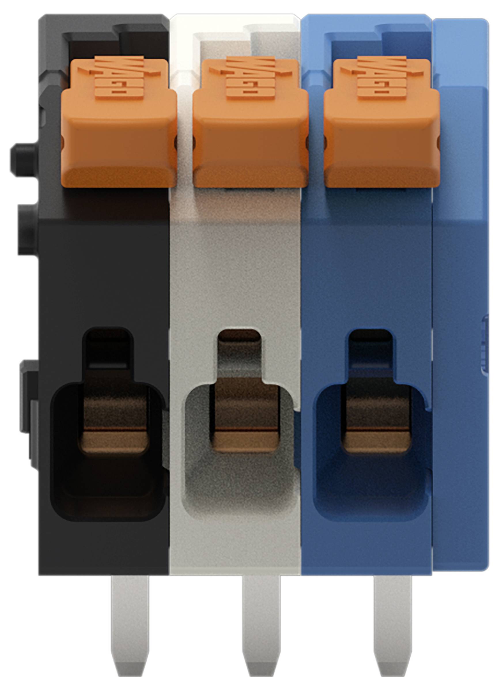 Dieses Bild zeigt eine Reihe von drei elektrischen Steckverbindern in Schwarz, Weiß und Blau mit orangefarbenen Hebeln oben, die für Drahtverbindungen verwendet werden.