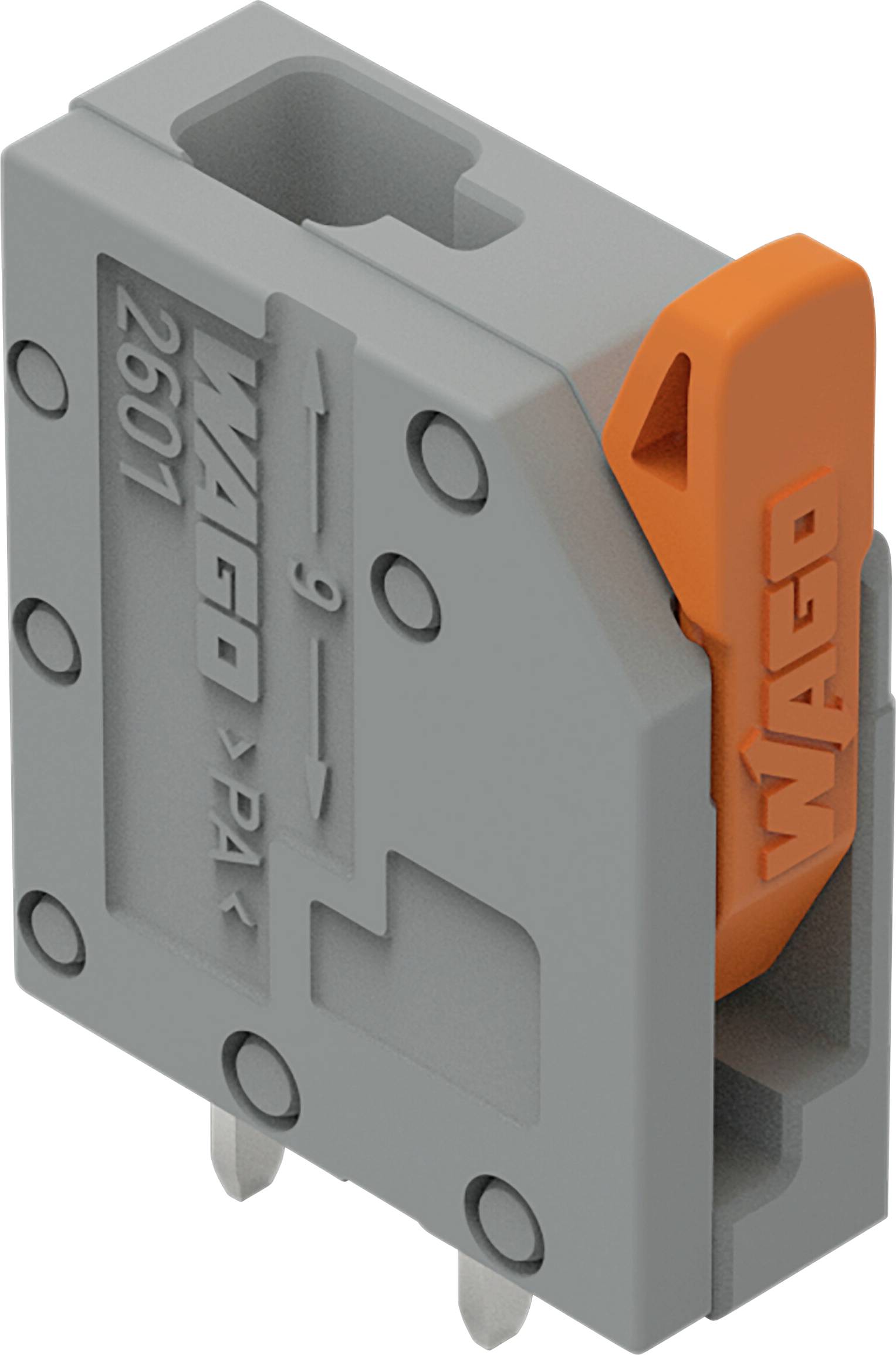Grauer WAGO-Steckverbinder mit orangem Hebel, gekennzeichnet mit „WAGO 2601