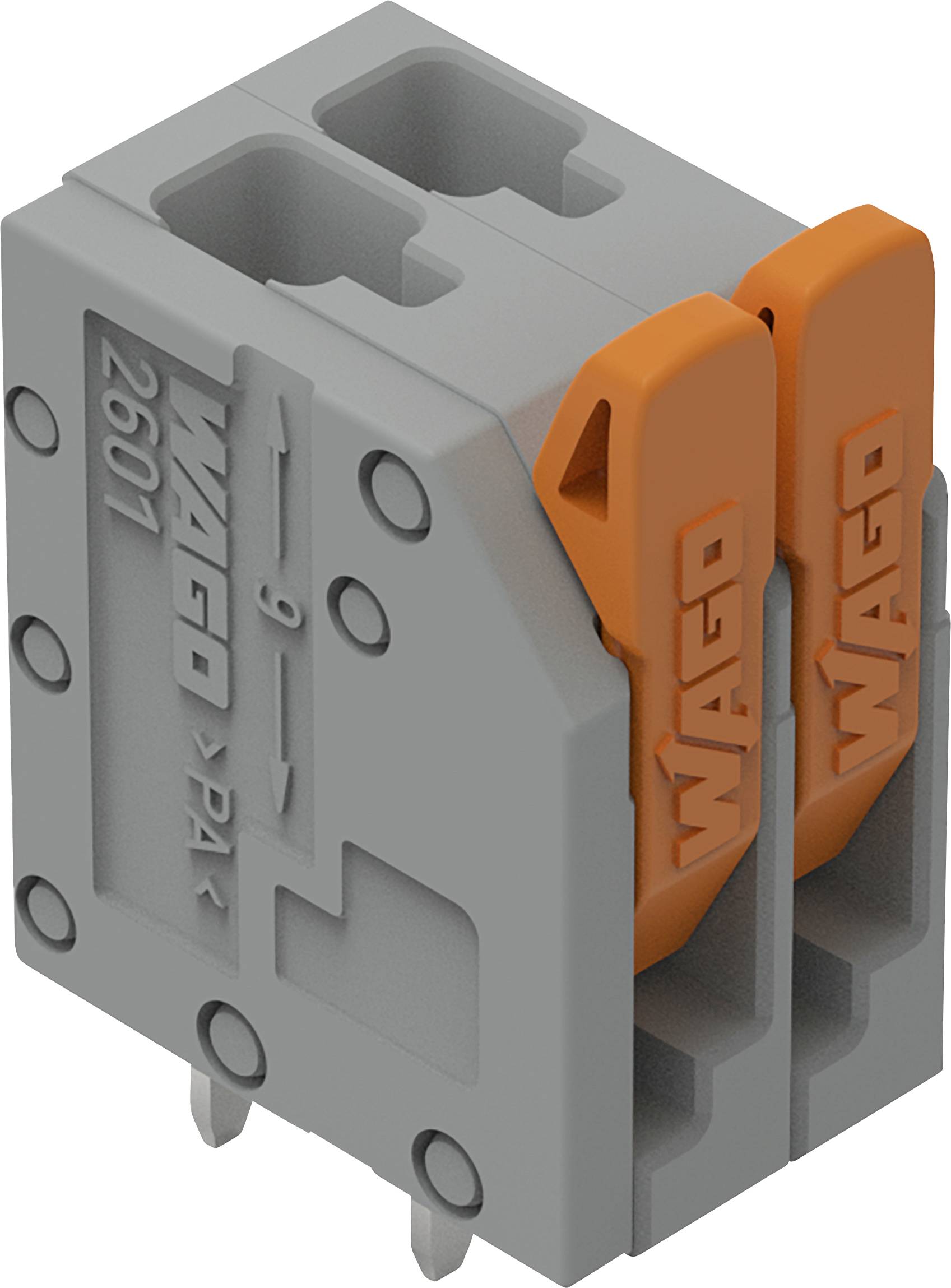 Ein grau und orange farbenes Elektroverbindungsmodul mit dem eingeprägten Markennamen 