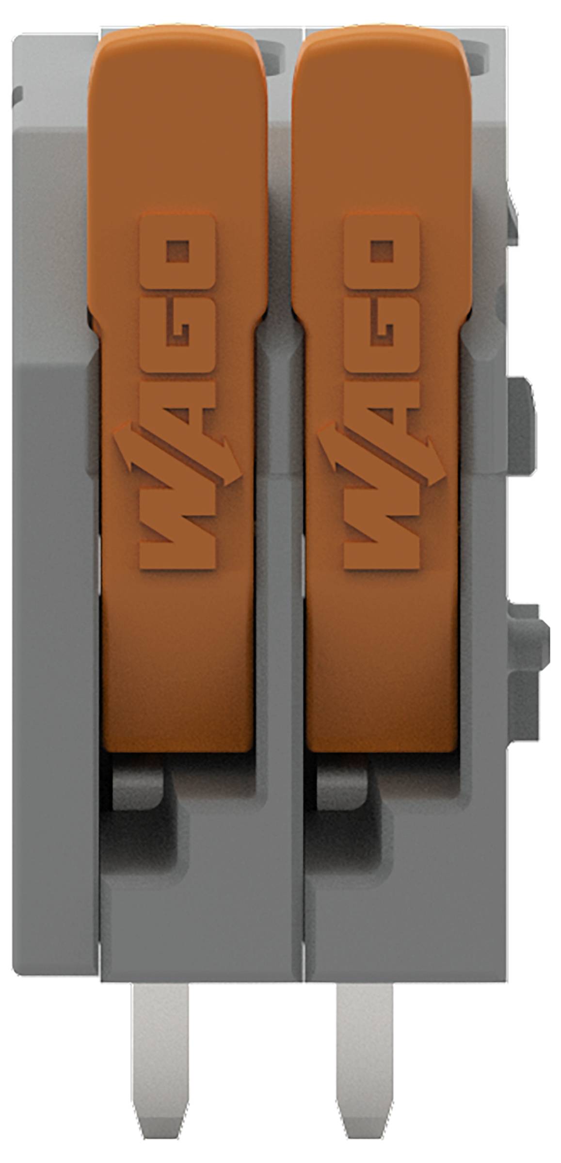 Ein grauer und orangefarbener elektrischer Stecker von WAGO mit zwei Hebeln zum Anschließen von Drähten.