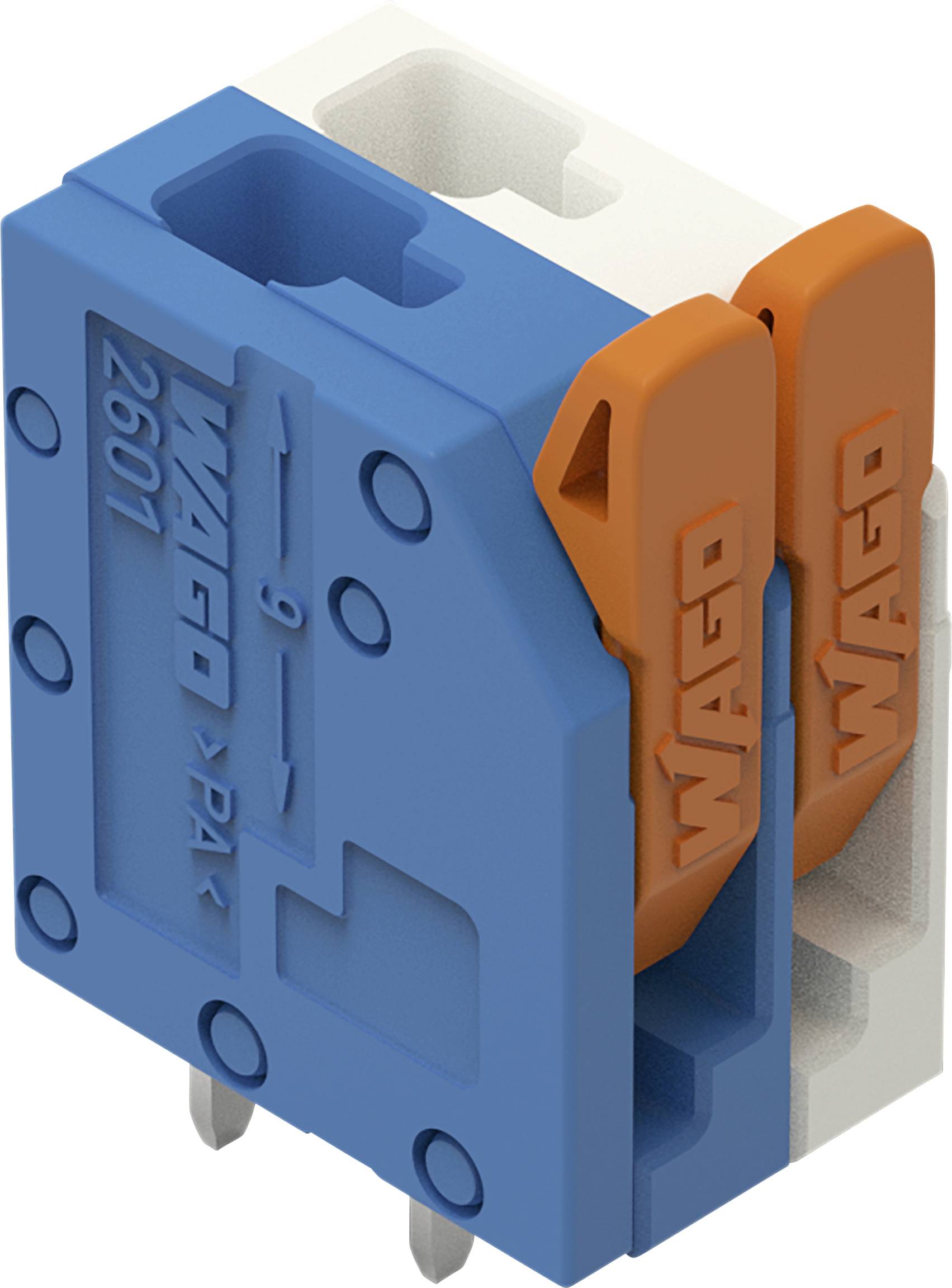 Ein Nahaufnahmebild einer blauen und orangefarbenen WAGO-Elektronikkomponente mit der Modellnummer „2601