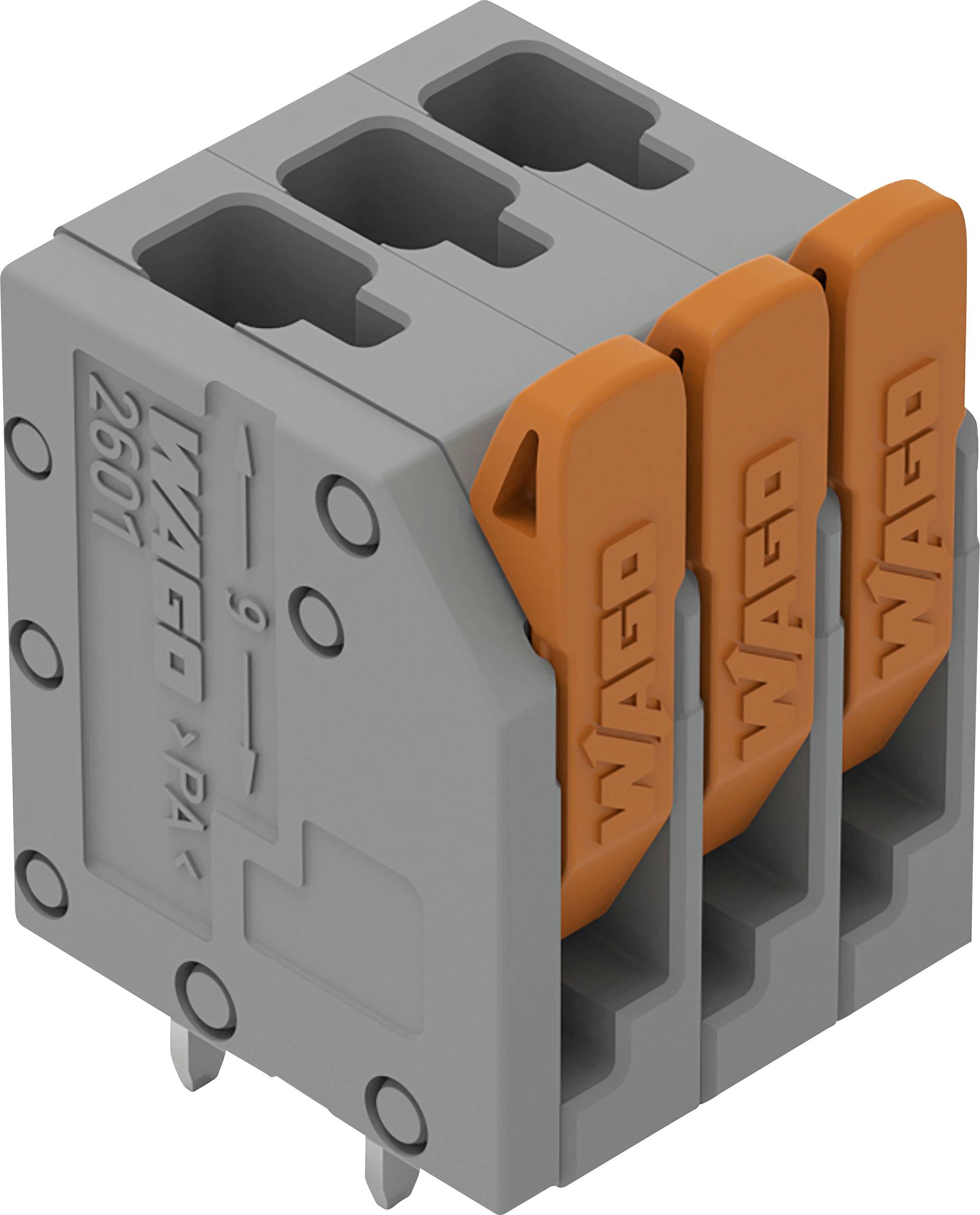 Ein dreipoliger grauer Elektrostecker mit orangefarbenen Hebeln mit der Aufschrift 'WAGO'.
