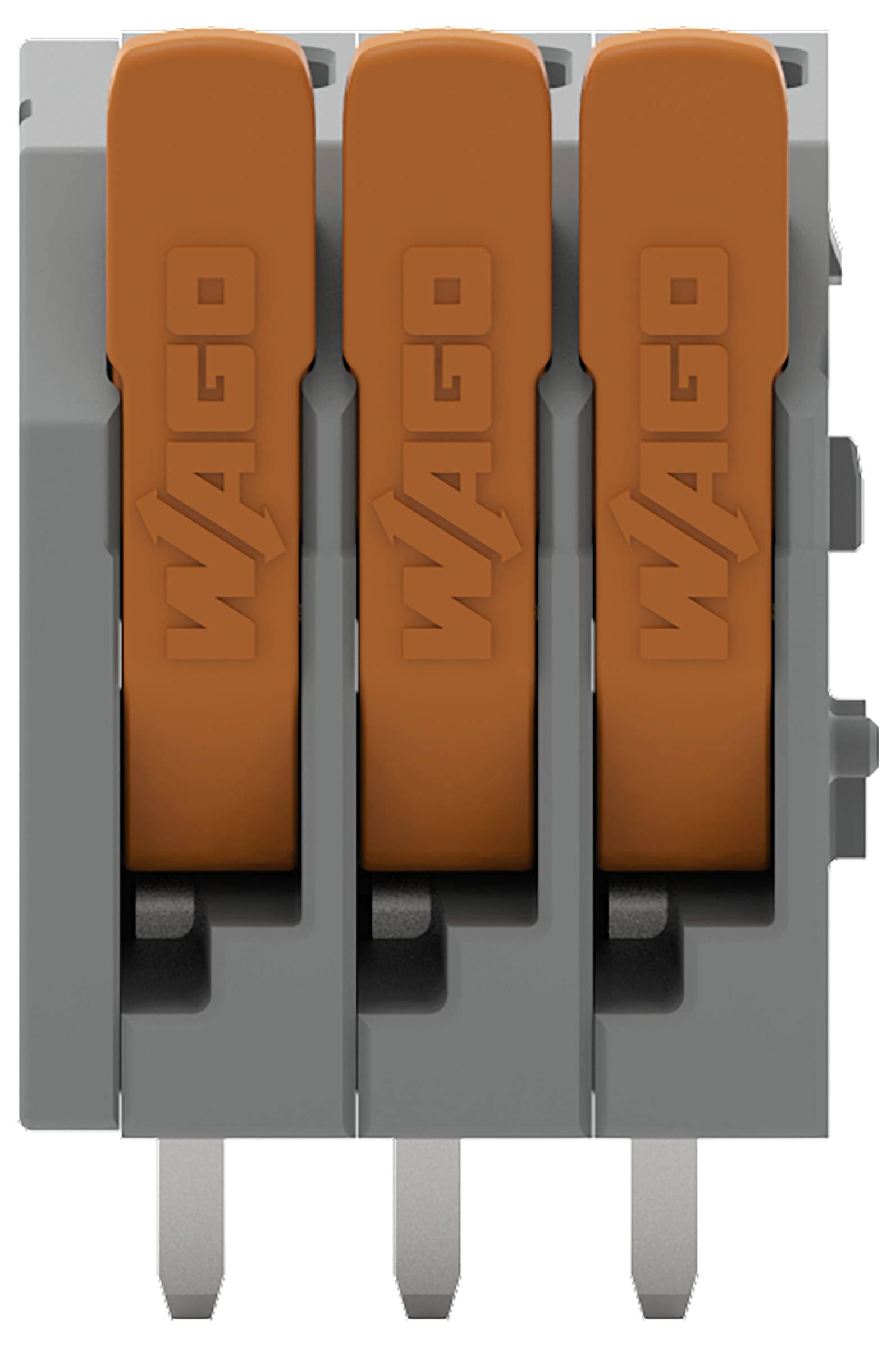 Drei orange Hebel-Drahtverbinder in einer Einheit integriert, die ein einfaches Anschließen und Abklemmen von elektrischen Drähten ermöglichen.