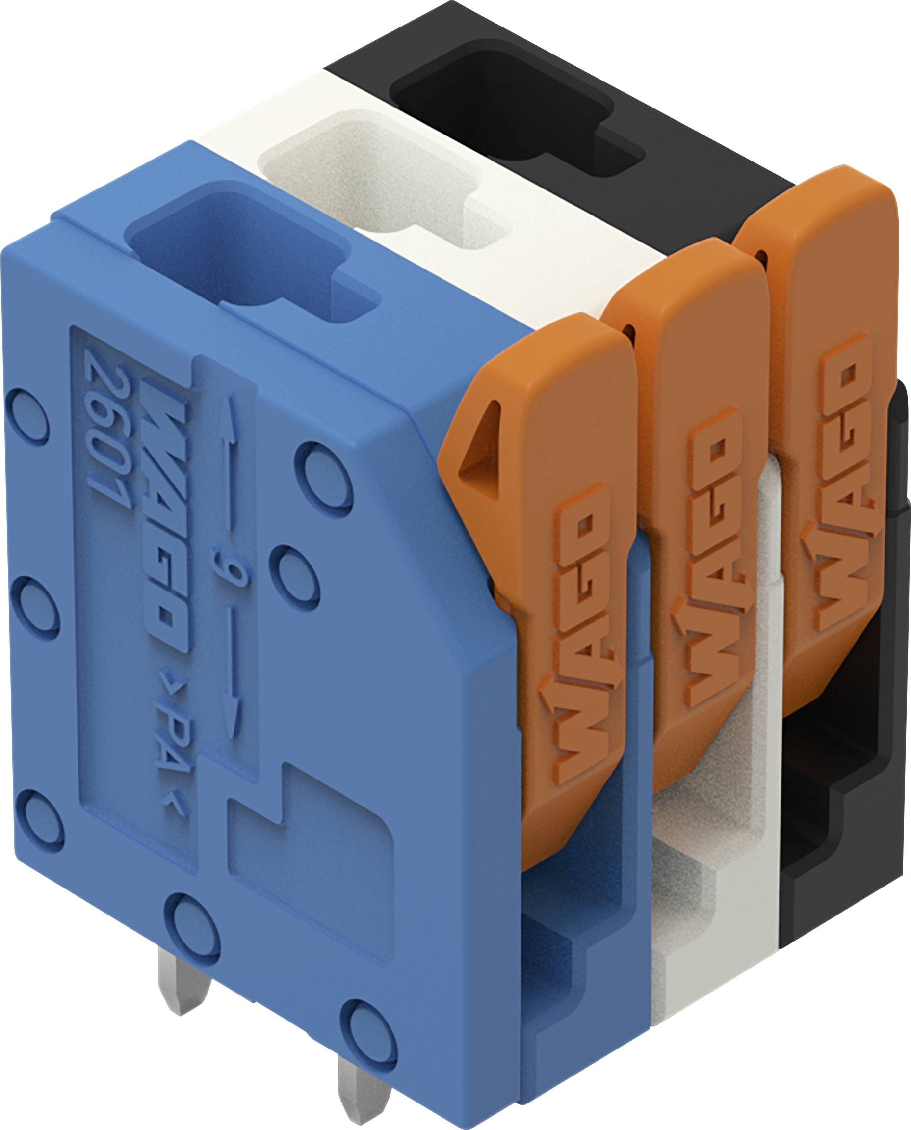 Ein blauer, schwarzer und weißer Elektrostecker mit orangefarbenen Hebeln, gekennzeichnet mit „WAGO 2601