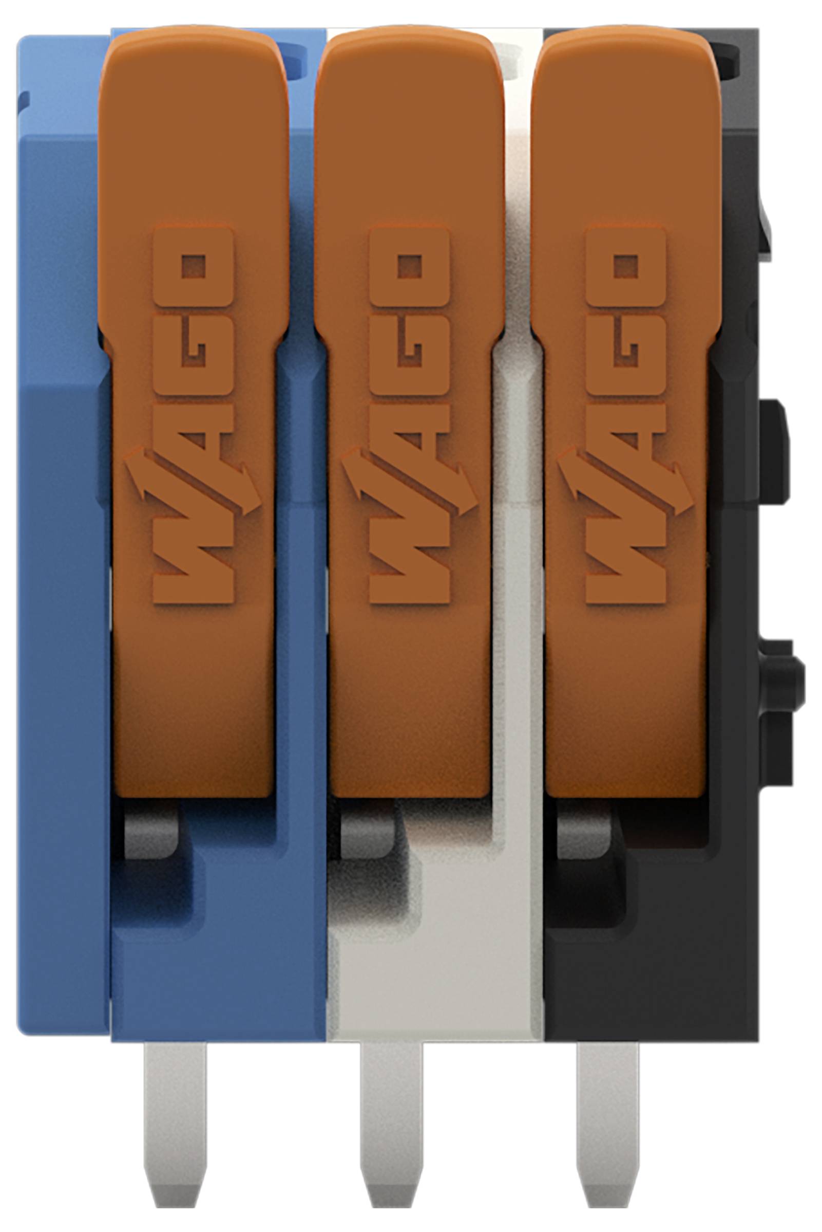 Ein dreipoliger elektrischer Stecker mit orangefarbenen Hebeln, mit der Bezeichnung „WAGO