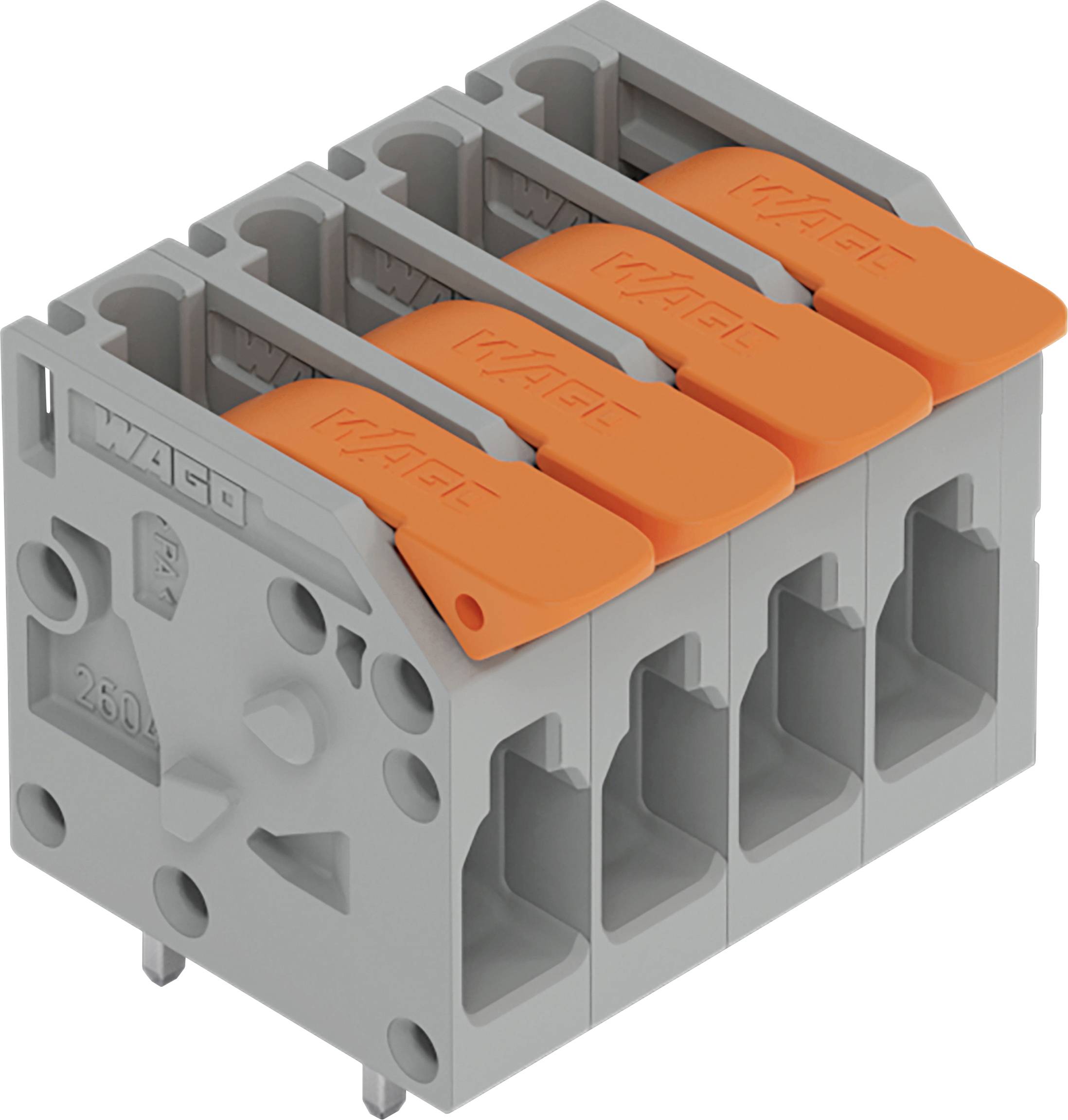 Ein grau und orange farbenes Elektroklemmenblock mit vier hebelgesteuerten Anschlüssen, entwickelt für einfaches Einführen von Drähten und sichere Verbindung.