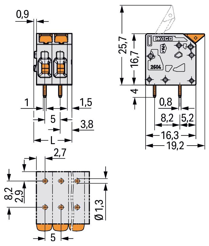 Technisches Diagramm eines WAGO-Steckers mit Abmessungen in Millimetern: Breite 8,2, Länge 26,1, Höhe 19,2 und Stiftabstand.