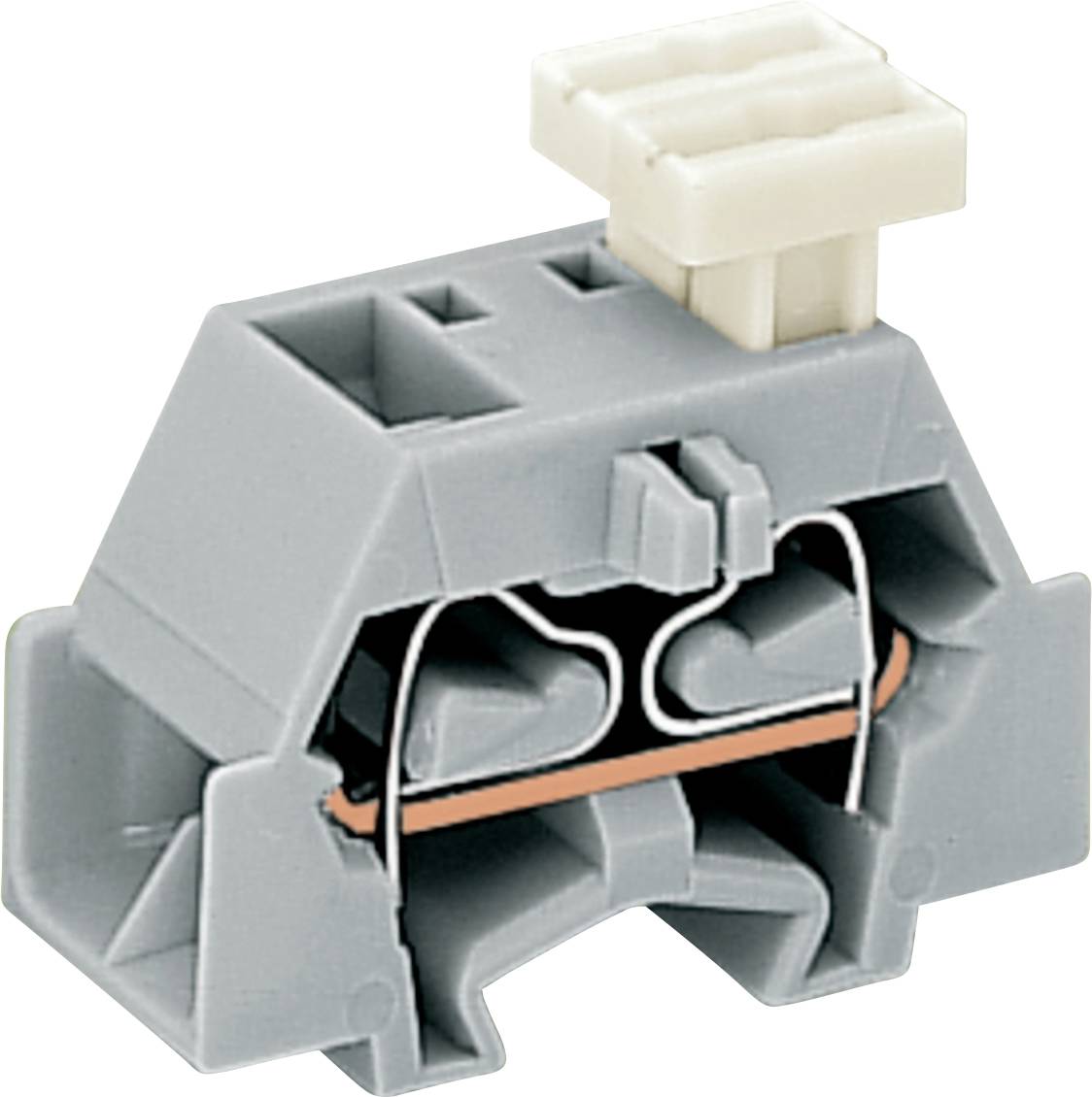 Ein grauer elektrischer Stecker mit freiliegender Verkabelung und einer weißen oberen Verriegelung, der zum Sichern und Verbinden von elektrischen Komponenten verwendet wird.