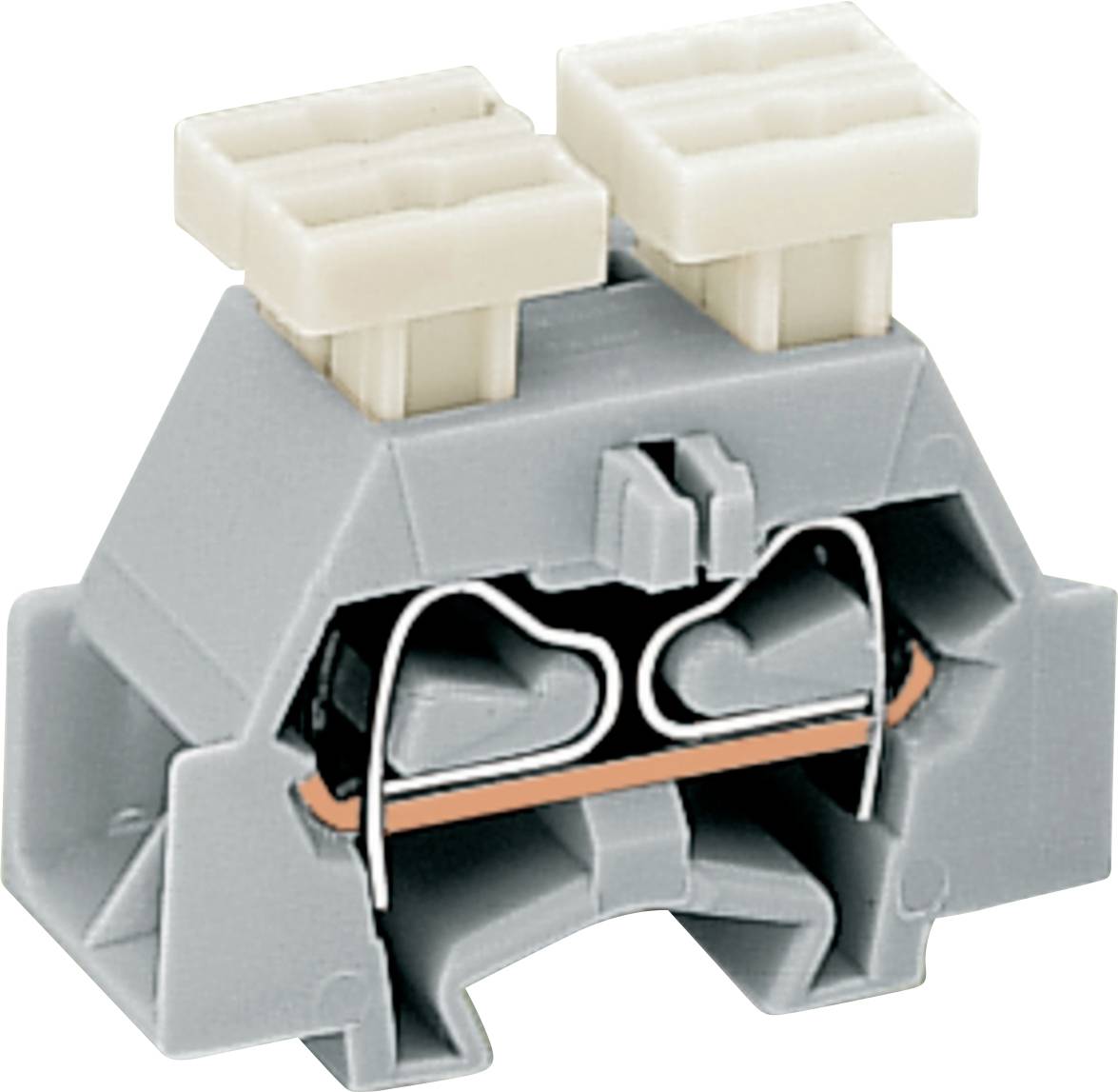 Ein grauer elektronischer Stecker mit zwei weißen Anschlüssen und einem sichtbaren Drahtklemmmechanismus, der zum sicheren Verbinden von elektrischen Drähten verwendet wird.