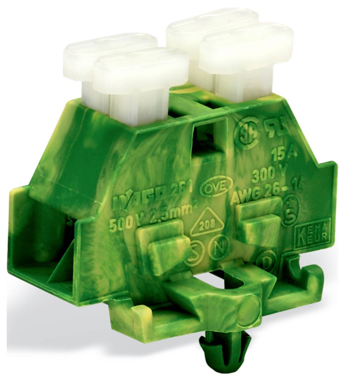 Ein grün-gelbes Klemmleistenblock mit drei Anschlüssen, gekennzeichnet mit Spezifikationen einschließlich 15A, 300V, 2,5mm².