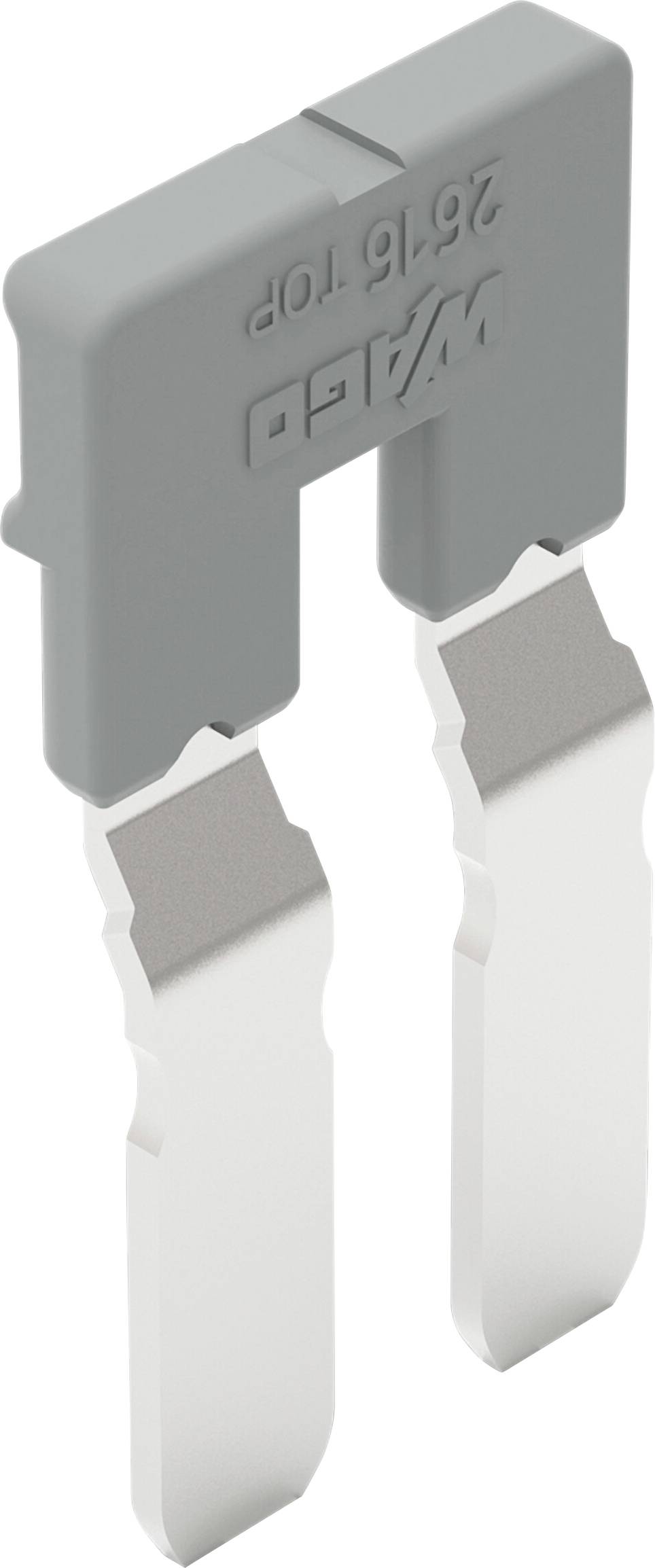 WAGO 281-411 Prüfstecker mit zwei metallischen Stiften und grauer Kunststoffkappe, beschriftet mit „281-6 TOP