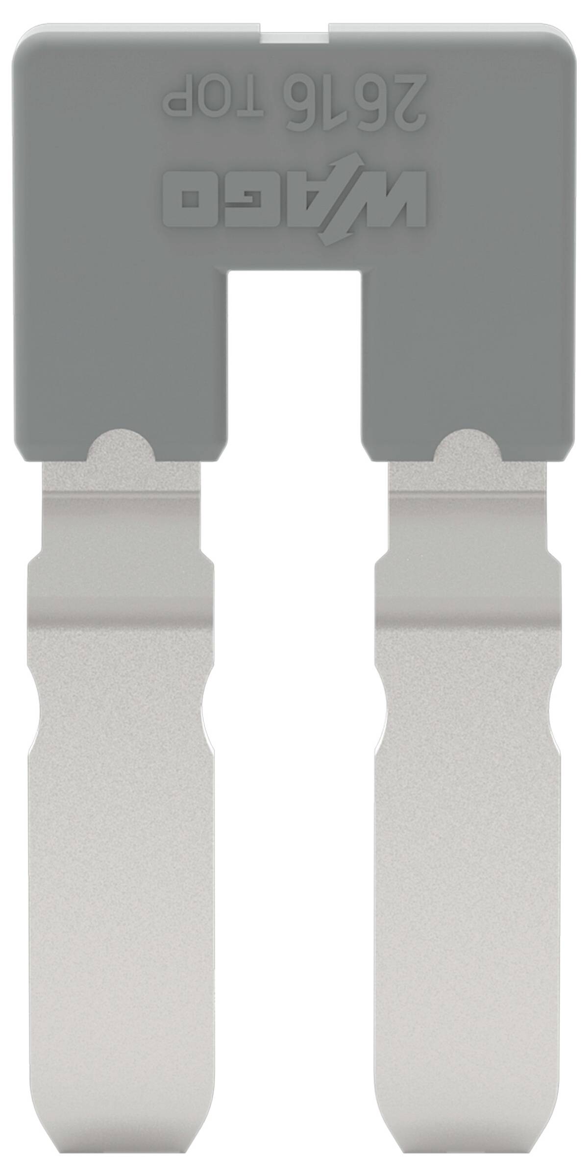 Ein grauer WAGO-Steckverbinder mit zwei metallischen Kontakten und gekennzeichnet mit '276-116 TOP'.