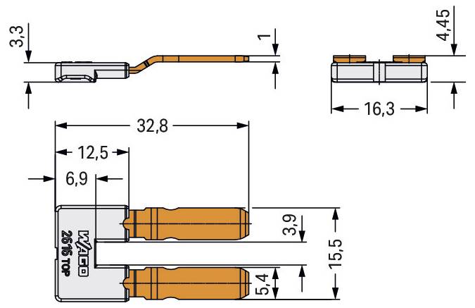 „Technische Zeichnung einer orange-farbenen, zweiflügeligen elektrischen Komponente mit Abmessungen: 32,8 mm Länge, 15,5 mm Höhe, verschiedene Breitendetails.