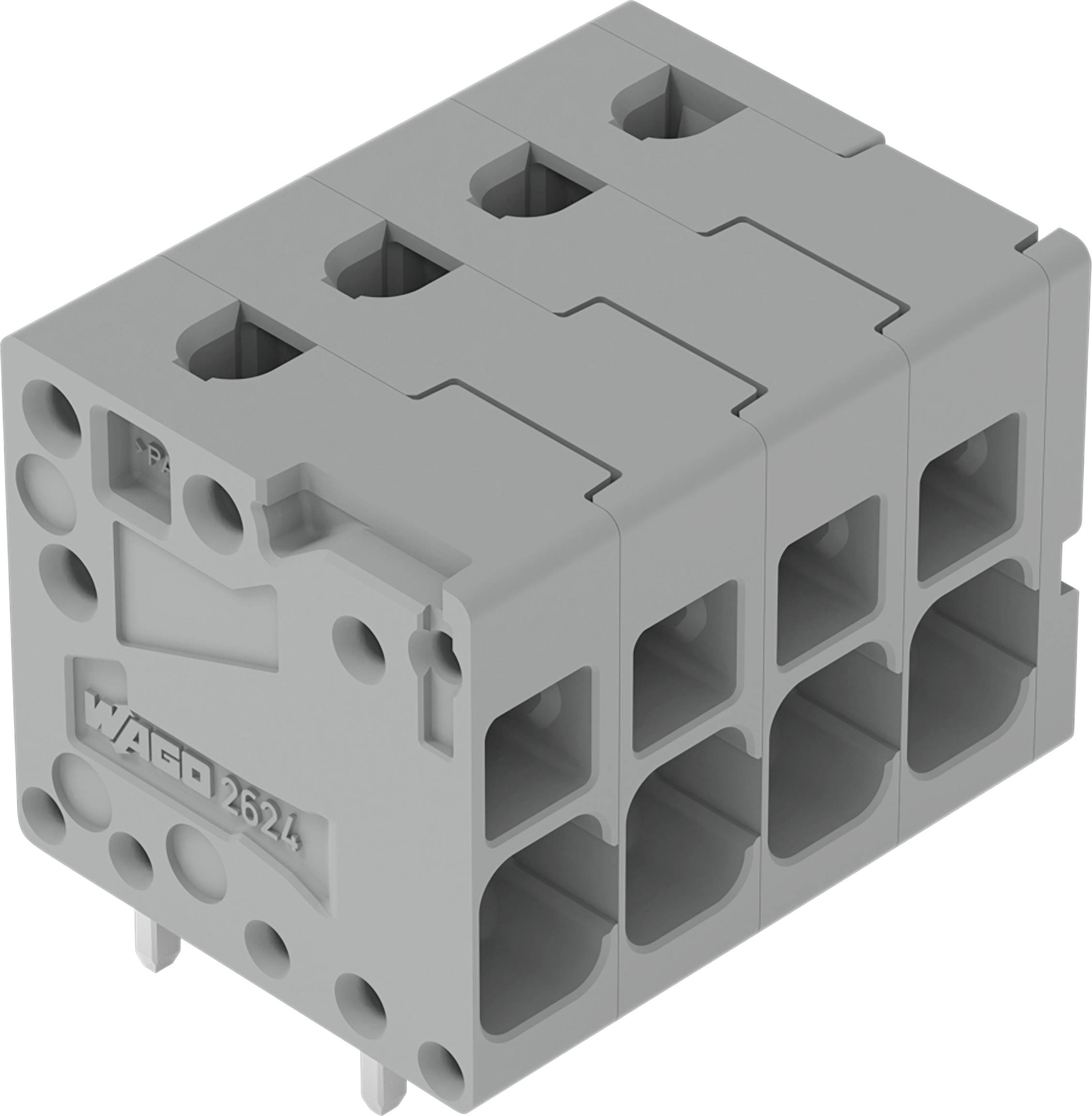 Ein graues Wago 2624 Klemmleistenmodul mit mehreren Anschlussöffnungen, das für die Verkabelung und elektrische Verbindungen in industriellen Anwendungen verwendet wird.