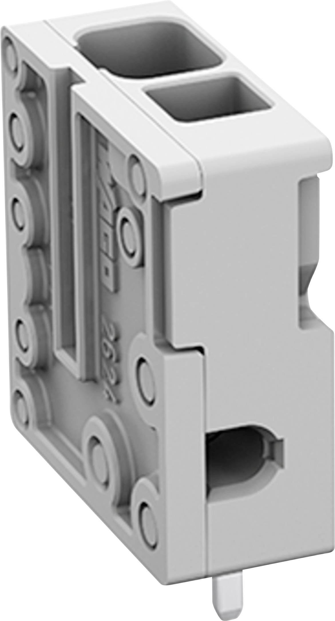 Ein grauer Elektrostecker-Block mit mehreren Anschlussschlitzen und Seitenlöchern, konzipiert für Verdrahtungsanwendungen.