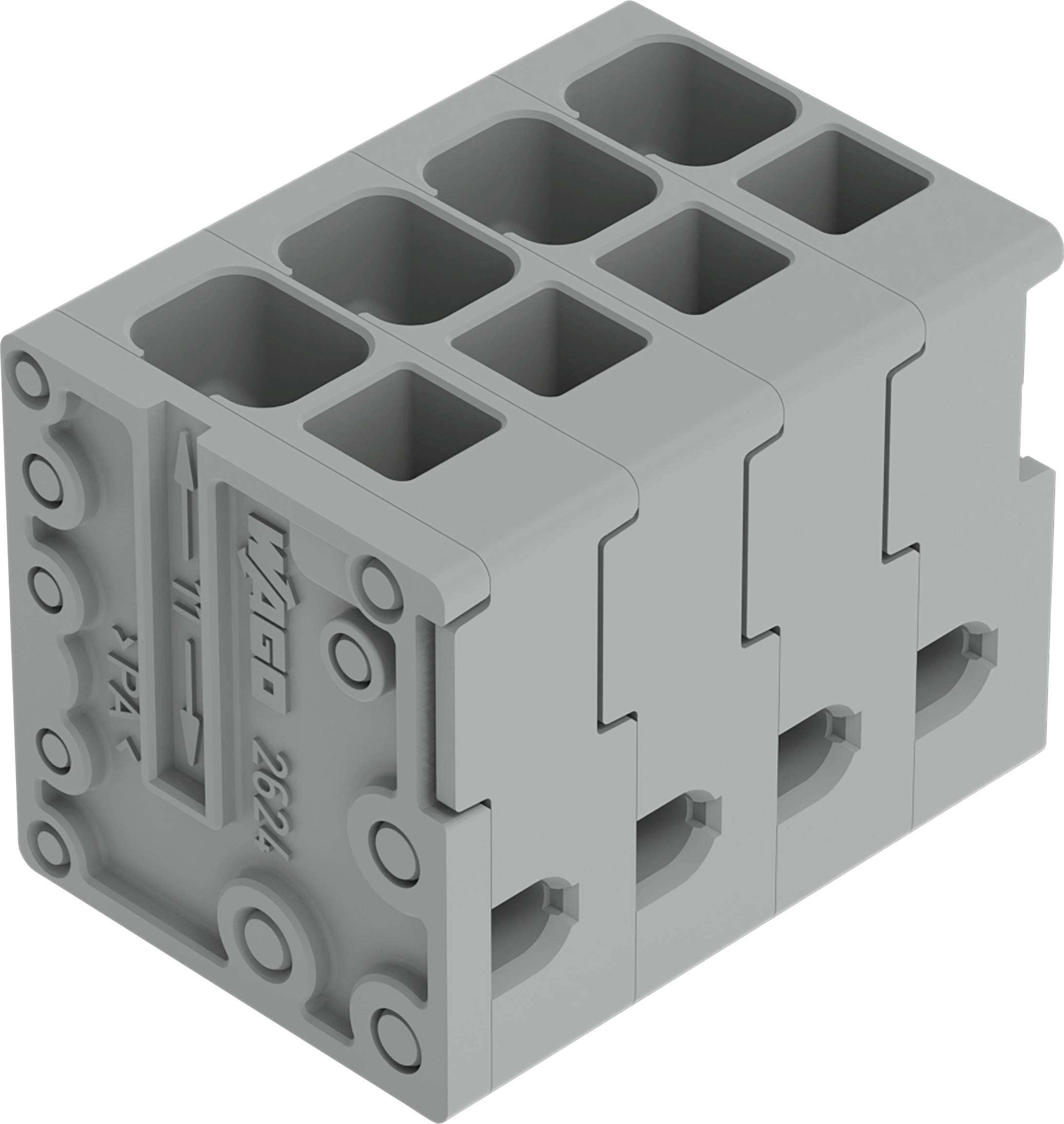 Ein modularer grauer Elektrosteckverbinder-Block mit mehreren Öffnungen für Kabelverbindungen.