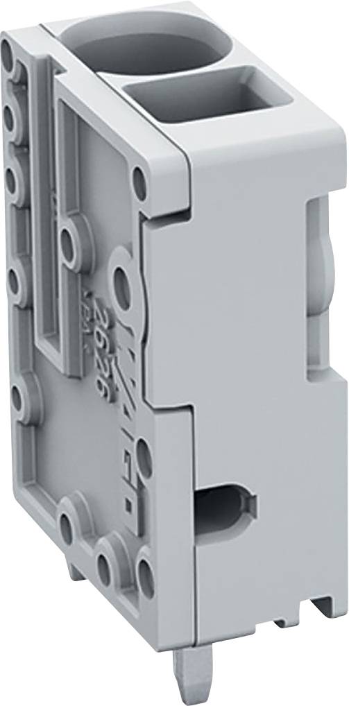 Ein grauer Kunststoff-Klemmblock mit mehreren Anschllusspunkten, ausgestattet mit Schrauenlöchern und einer rechteckigen Form, verwendet zur elektrischen Verdrahtung.