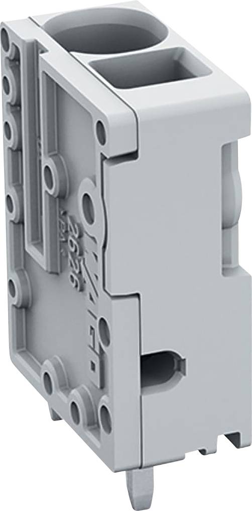 Graues rechteckiges Elektro-Klemmleistenblock mit mehreren kreisförmigen Löchern und Schlitzen, entwickelt für die Verbindung von Elektrokabeln, OMRON 2626.