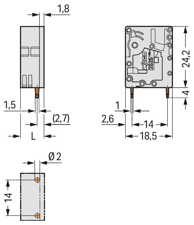 Technisches Diagramm einer elektrischen Komponente mit beschrifteten Abmessungen: Die Draufsicht zeigt die Breite 1,8 und die Länge L, die Seiten- und Unteransichten zeigen verschiedene Abmessungen einschließlich der Höhe 24,2 und des Durchmessers 2.