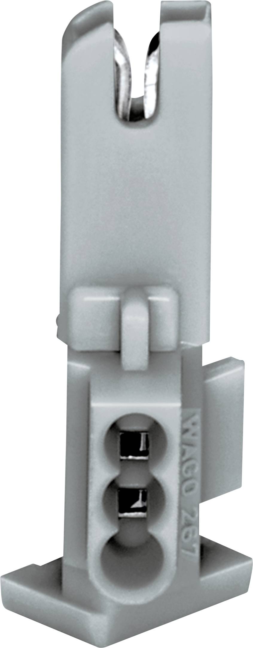 Ein grauer Elektrostecker mit drei Löchern und sichtbaren Metallteilen, beschriftet mit „WAGO 267