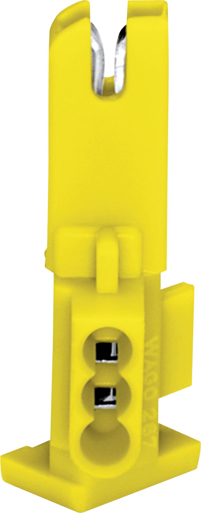 Ein gelber Thermoelement-Stecker mit metallischen Kontaktstiften, entwickelt zum Anschluss von Temperatursensoren in industriellen oder Laborumgebungen.