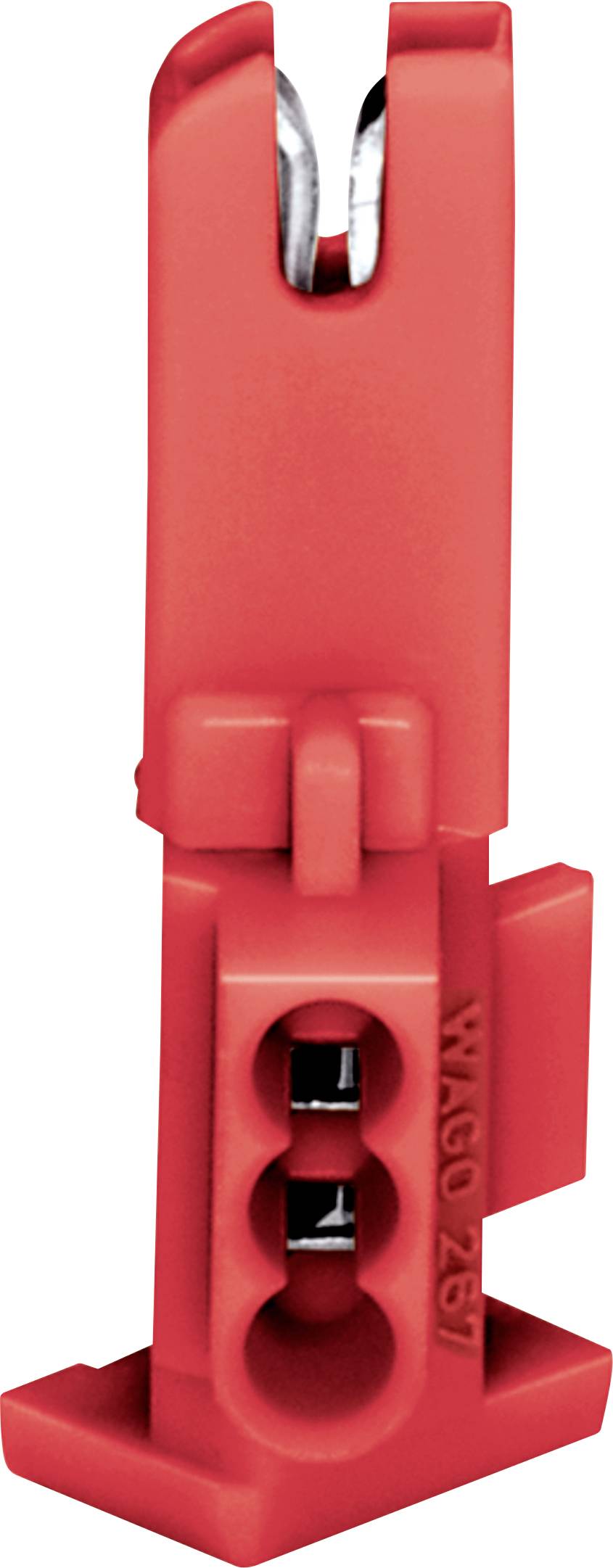 Ein roter elektrischer Stecker mit zwei unteren Löchern und einem oberen Schlitz, der zum sicheren Verbinden von Stromleitern verwendet wird.