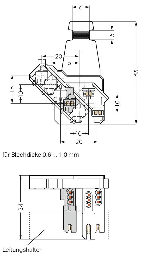 Ein schwarzer Elektrostecker mit sechs Schlitzen, aus einem Winkel betrachtet, konzipiert für die Montage auf einer Leiterplatte.