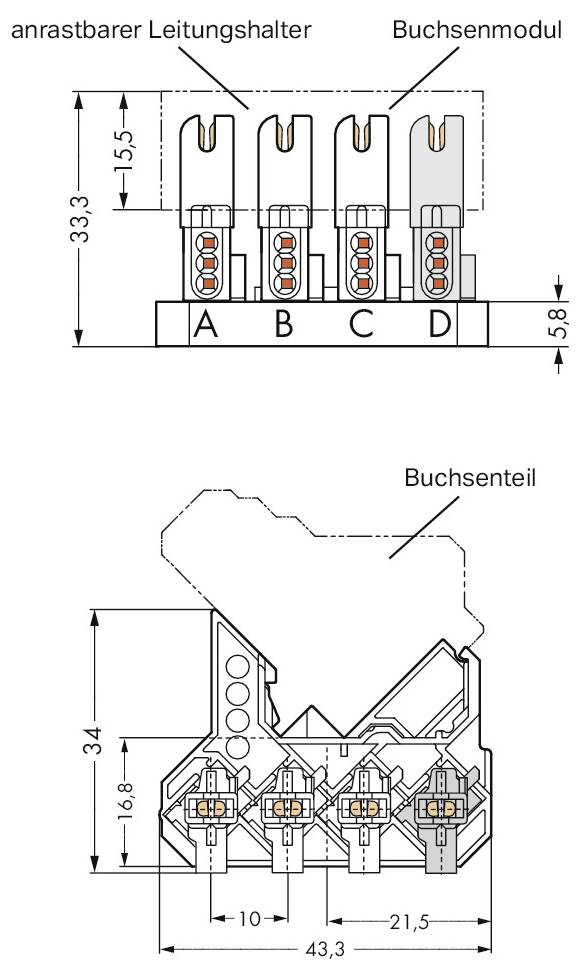 Ein grün-gelber Steckverbinder mit vier weißen Anschlüssen oben und zwei Drähten unten, die durch Metallfedern eingeklemmt sind.