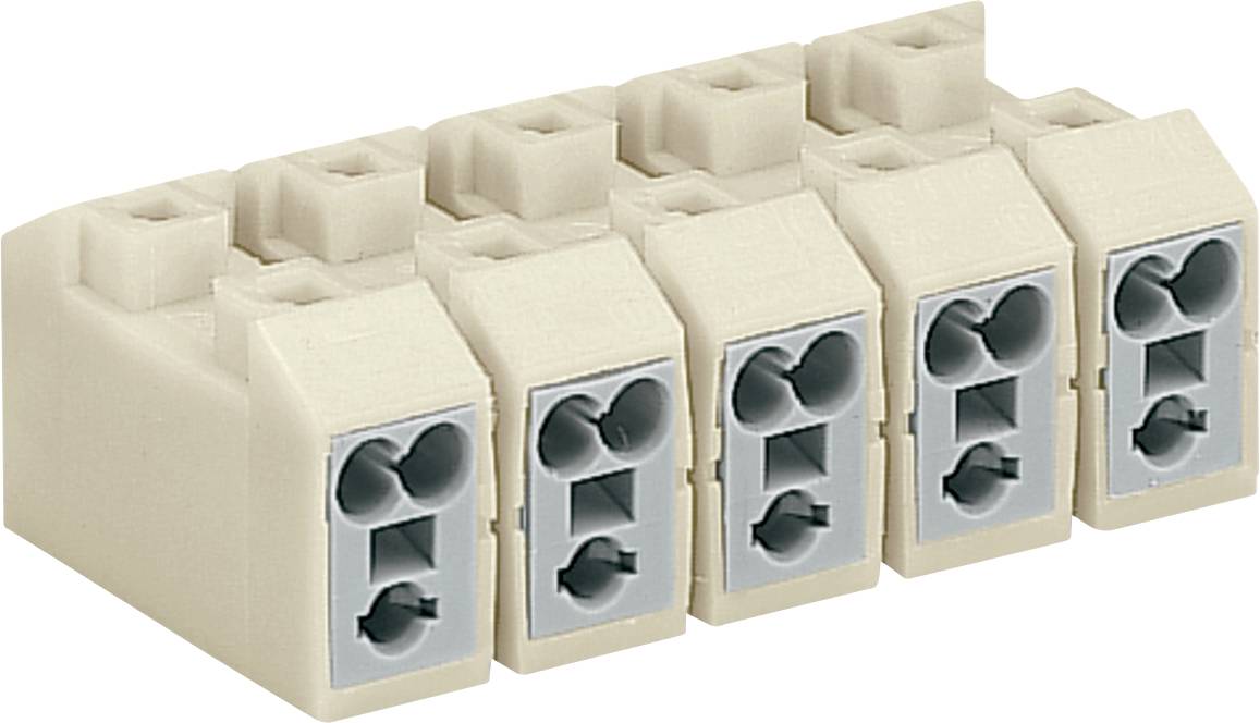 Ein fünfpoliges Klemmleistenblöckchen in Beige und Grau, das zum Verbinden von Elektrokabeln in Steuerungssystemen oder Maschinenaufbauten verwendet wird.