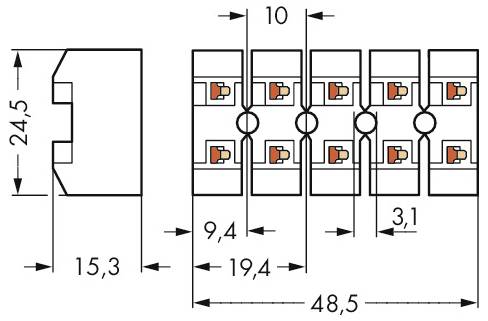 Ein technisches Diagramm eines Anschlussblocks, das Abmessungen zeigt: 24,5 Höhe, 15,3 Tiefe, 48,5 Breite und Abstandsmessungen zwischen Anschlußpunkten.