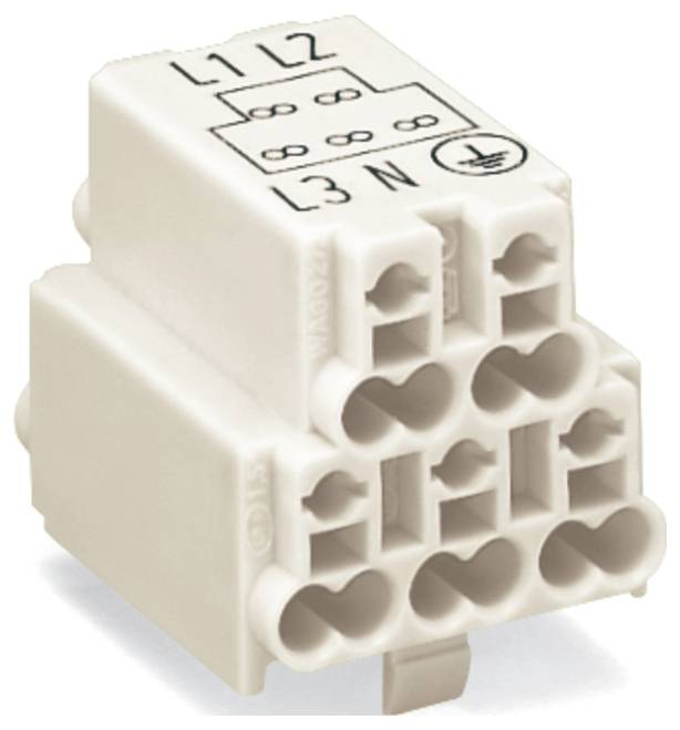 Ein weißer elektrischer Stecker mit mehreren Anschlüssen, gekennzeichnet mit „L1