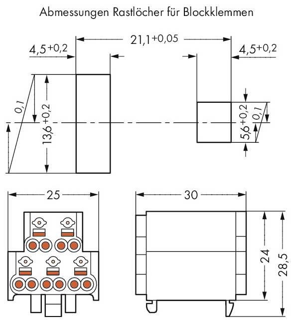 'Abmessungen Rastlöcher für Blockklemmen' Diagramm mit folgenden Abmessungen: 4,5±0,2, 21,1±0,05, 25, 28,5 und 13,6±0,2 mm.
