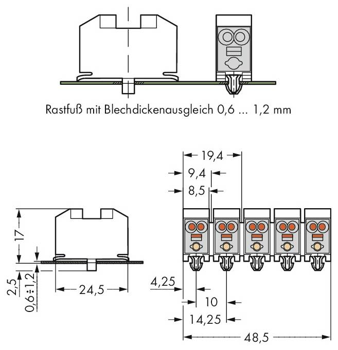 Technisches Diagramm eines Steckerterminals mit Abmessungen in Millimetern: 17 Höhe, 24,5 Länge, 48,5 Breite. Beschriftungen zeigen verschiedene Komponentenabmessungen im Detail.