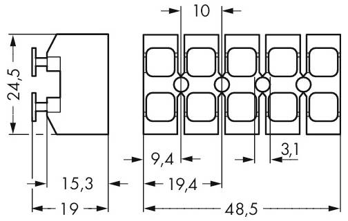 Diagramm einer mechanischen Komponente mit genauen Abmessungen: 24,5, 15,3, 19 Höhe; 9,4, 19,4, 48,5 Breite; 3,1 Abstand.
