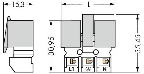 Technisches Schaltplan eines elektrischen Schalters mit Abmessungen: Breite 15,3 mm, Höhe 35,45 mm und gekennzeichnete Anschlüsse für L1, L2 und Neutralleiter (N).
