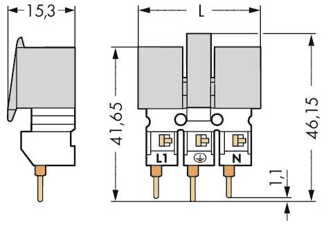 „Technisches Schaltplan eines 3-Pol-Schalters mit Vorder- und Seitenansicht mit beschrifteten Anschlüssen L1, N und Erdung, zusammen mit Maßangaben.