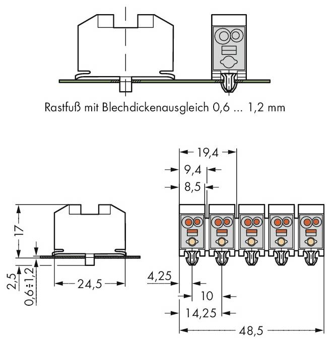 Rastfuß mit Blechdickenausgleich – technische Zeichnung mit Abmessungen und Details für die Bauteilplatzierung und Ausrichtung auf einer Leiterplatte.
