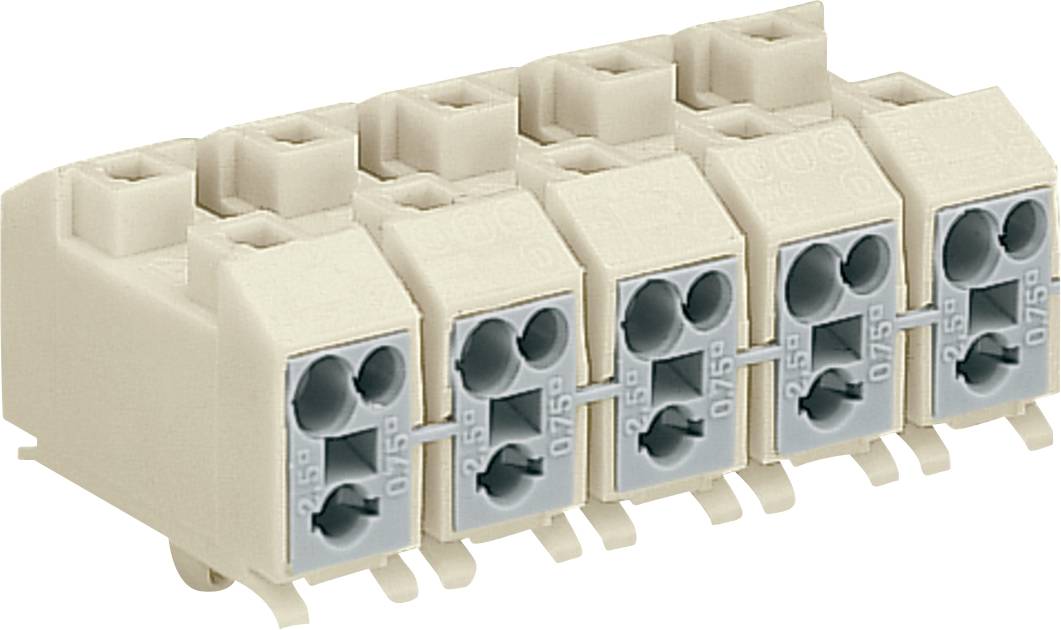 Ein beige Klemmleiste mit fünf Anschlüssen, von denen jeder mit „0,75