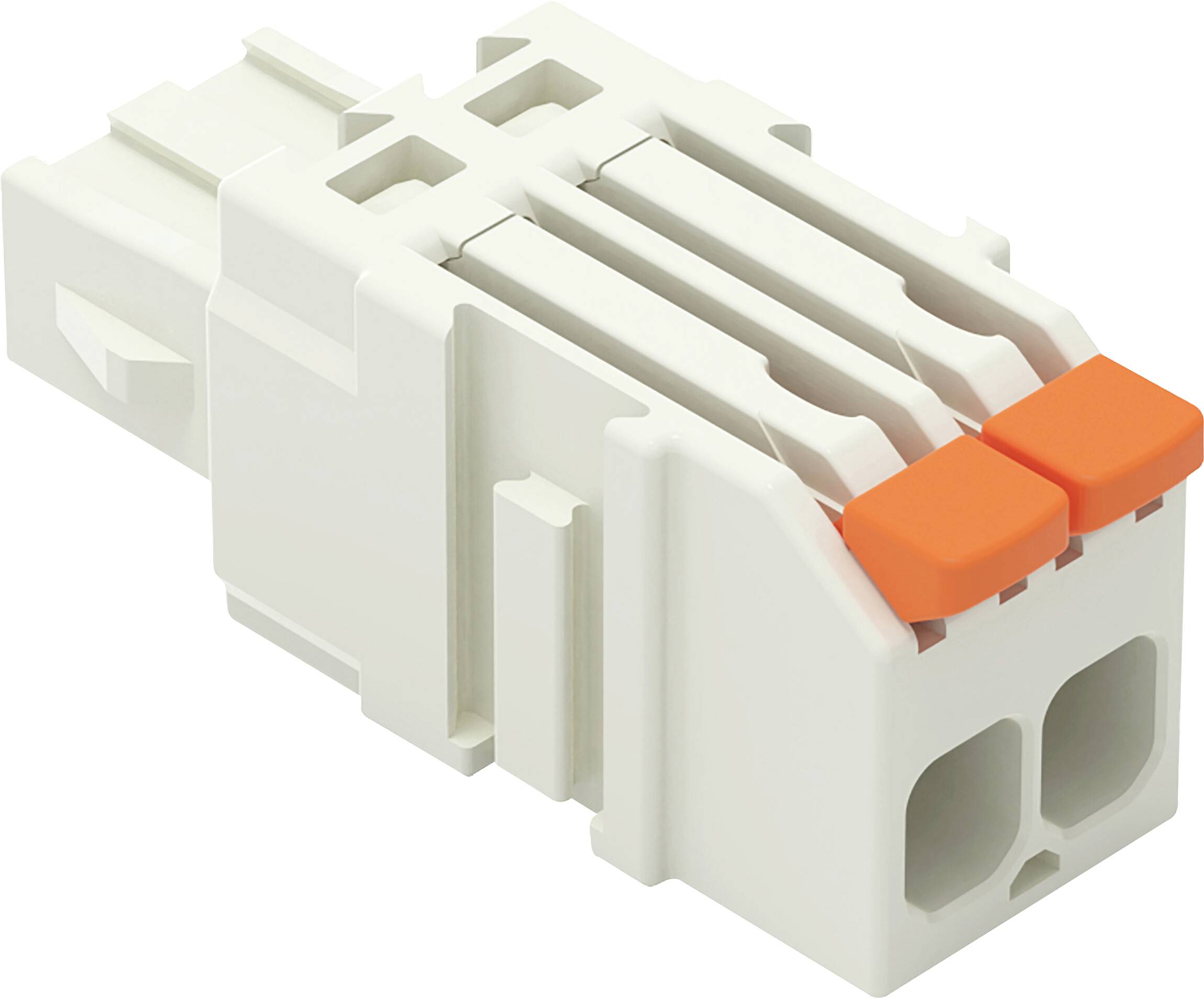 Ein weiß-orangefarbiger Kunststoff-Elektrostecker mit zwei Schlitzen, der zum Verbinden von elektrischen Drähten verwendet wird.