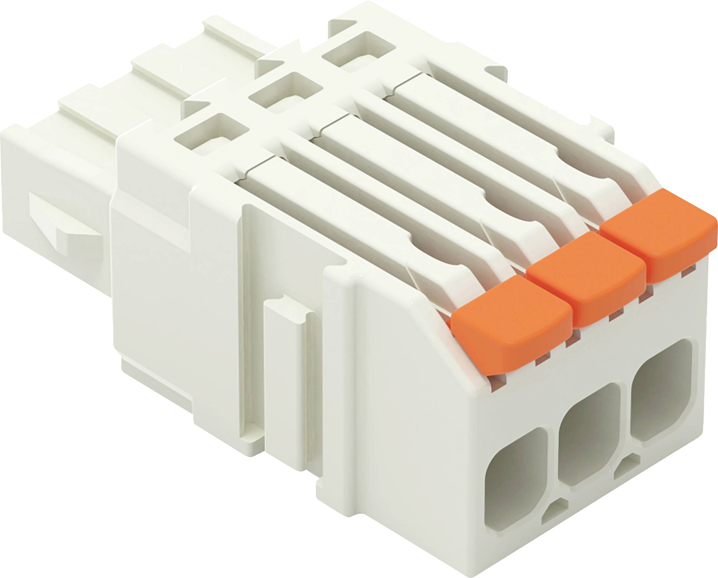 Ein weißer elektrischer Stecker mit drei orangefarbenen Hebeln, entwickelt zum sicheren Verbinden mehrerer Drähte.