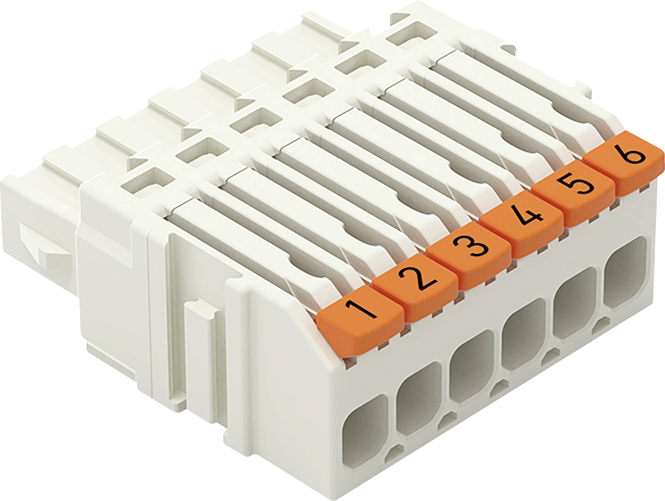 Elektrischer Stecker mit sechs nummerierten orangefarbenen Hebeln, beschriftet von 1 bis 6, für Verdrahtungsverbindungen. Jeder Hebel entspricht einem Schlitz zum Einführen von Kabeln.