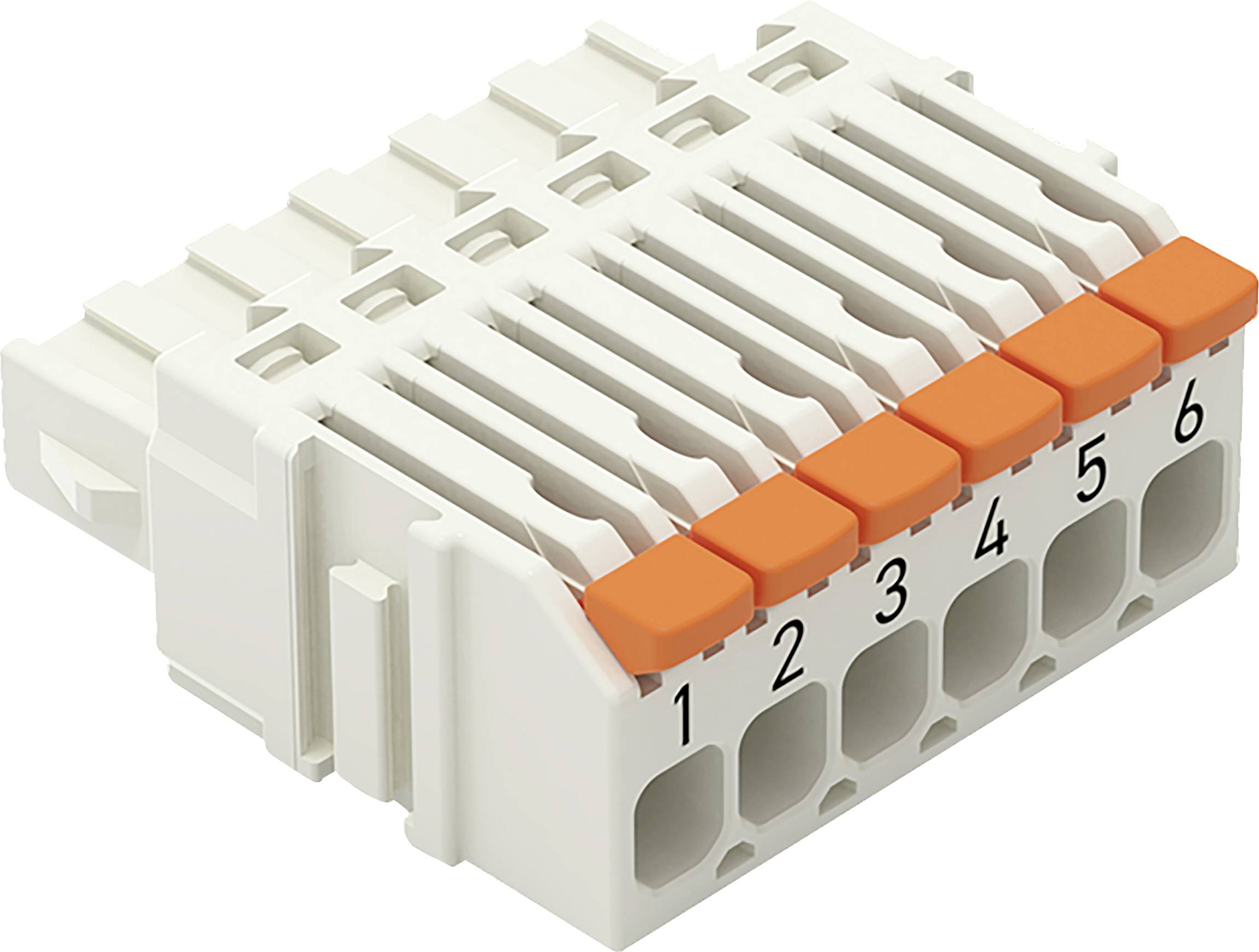 Ein sechspoliger Elektrostecker mit nummerierten Anschlüssen 1 bis 6 und orangefarbenen Verriegelungen oben.